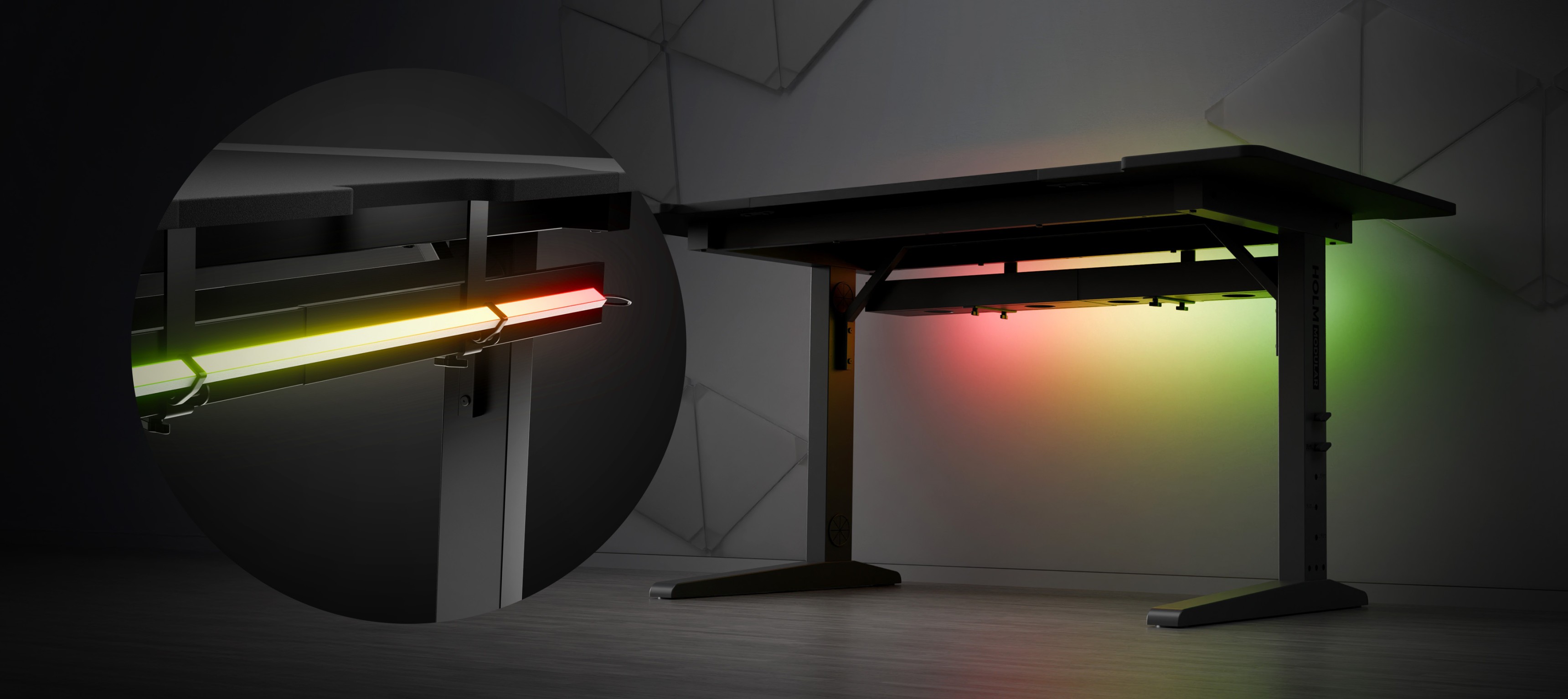 Modular gaming desk with LED lighting, featuring adjustable height and a sleek design. Colorful lights glow in yellow and green