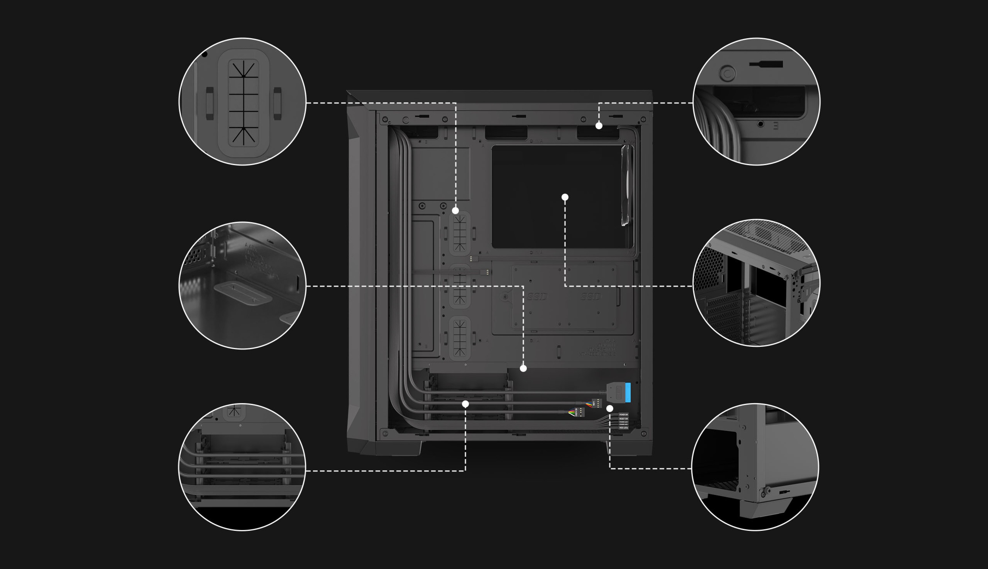 Black Genesis Irid 505F Midi Tower case with a side window, showcasing internal layout and design features