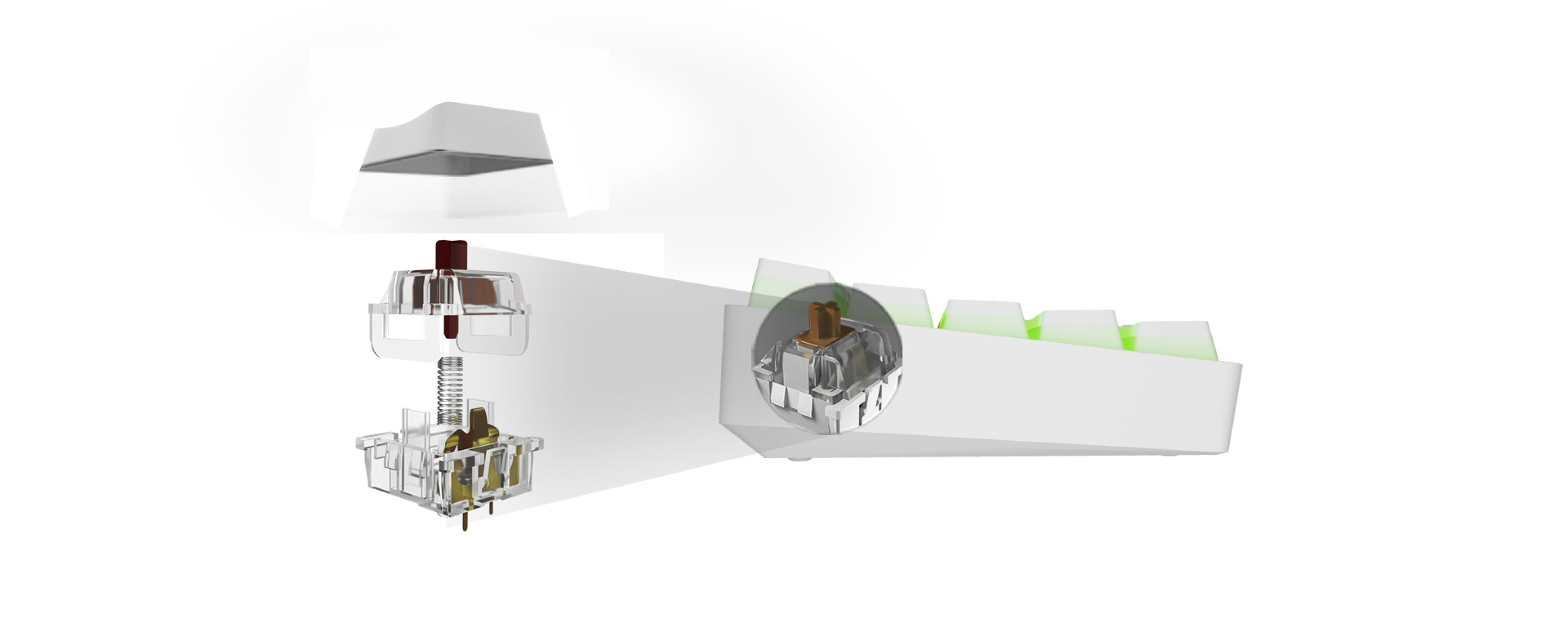Exploded view of a keyboard switch with a top cap, housing, and translucent keycaps.