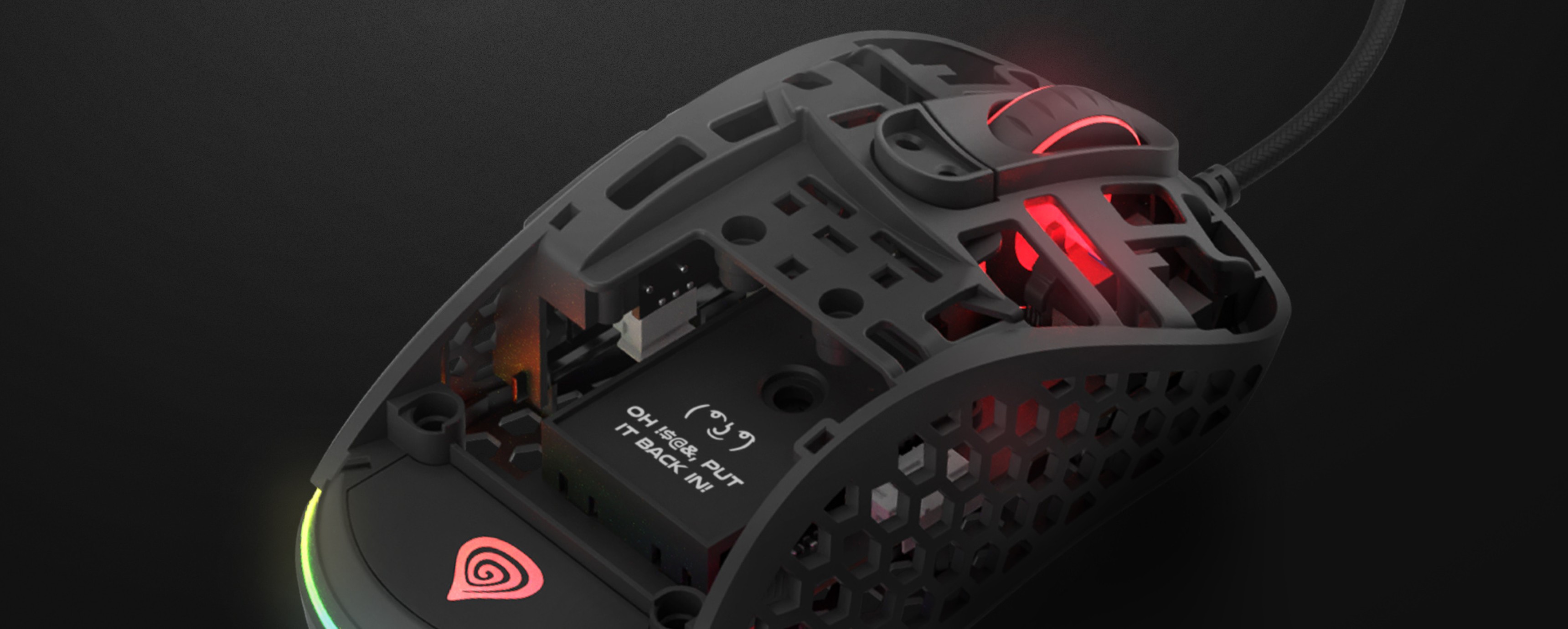 Black gaming mouse with a lightweight, perforated design and RGB lighting, featuring adjustable DPI up to 16,000 and a PMW3389 sensor