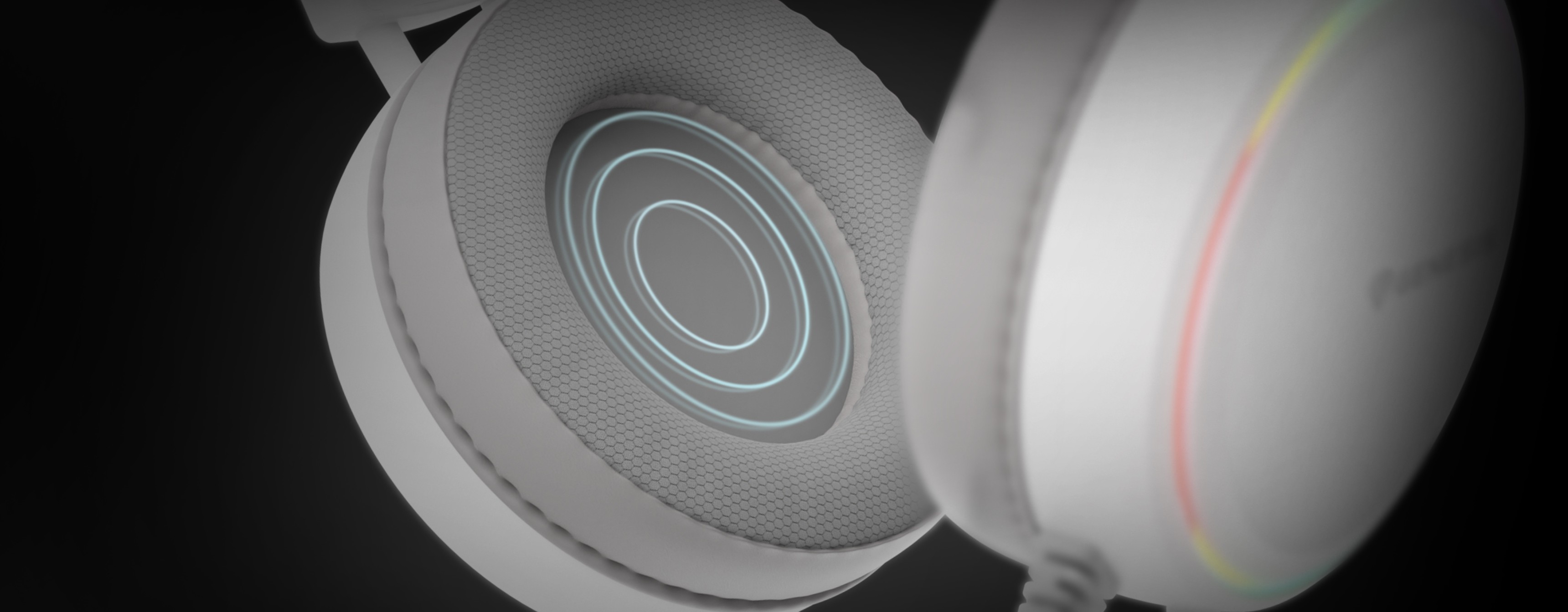 White over-ear headphones with RGB lighting and a microphone, featuring a textured earcup design