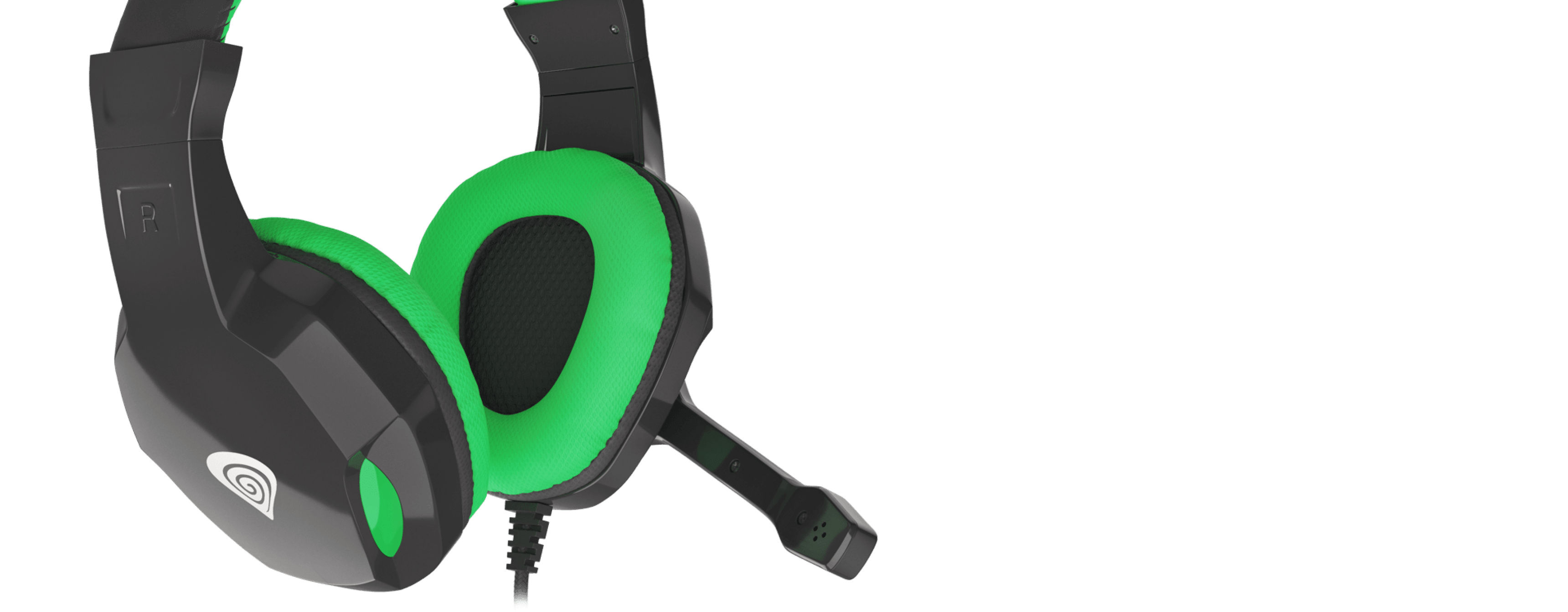 Black and green over-ear headphones with a microphone, featuring cushioned ear pads for comfort