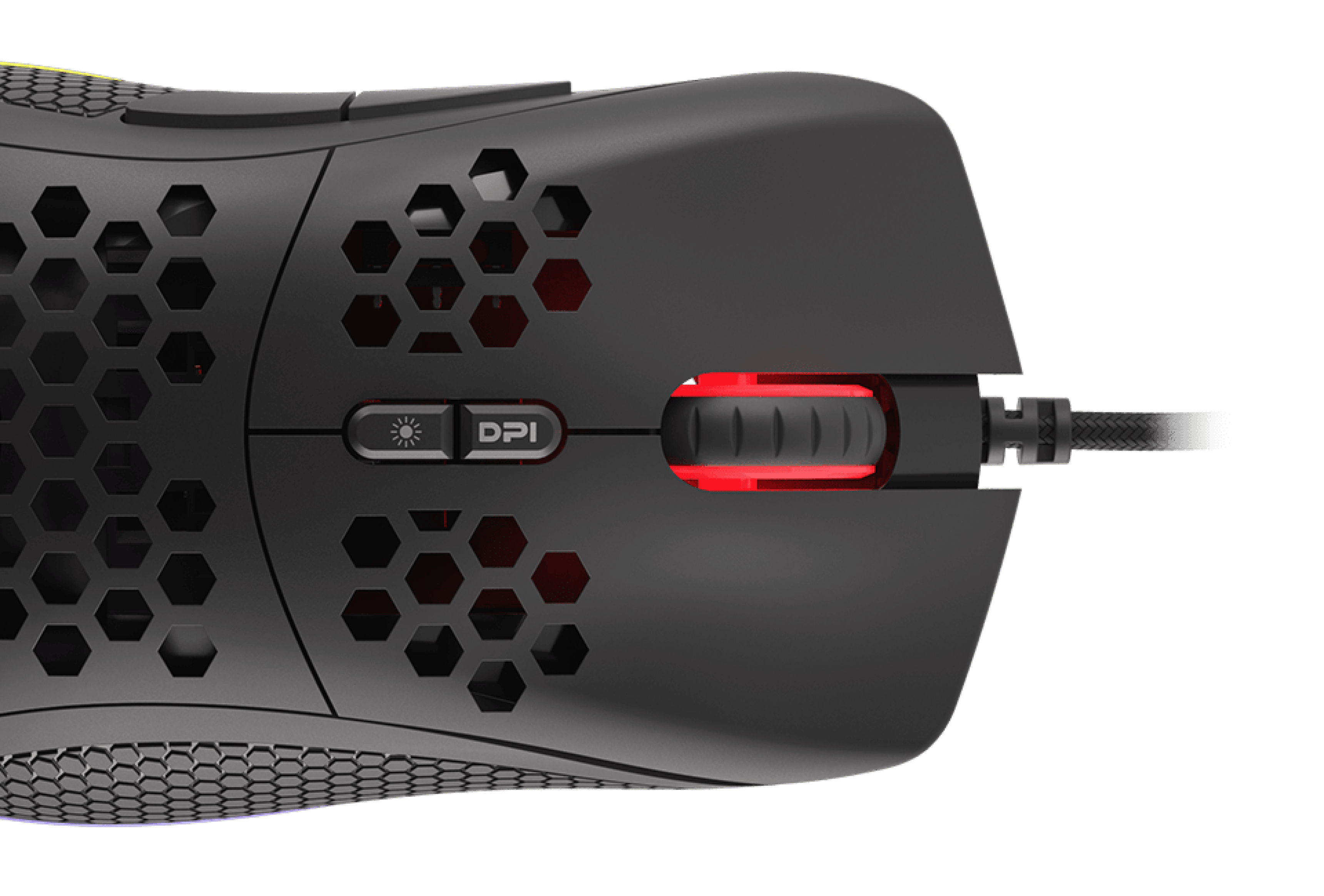 Top view of the Genesis Krypton 555 gaming mouse featuring a DPI adjustment button and customizable RGB lighting