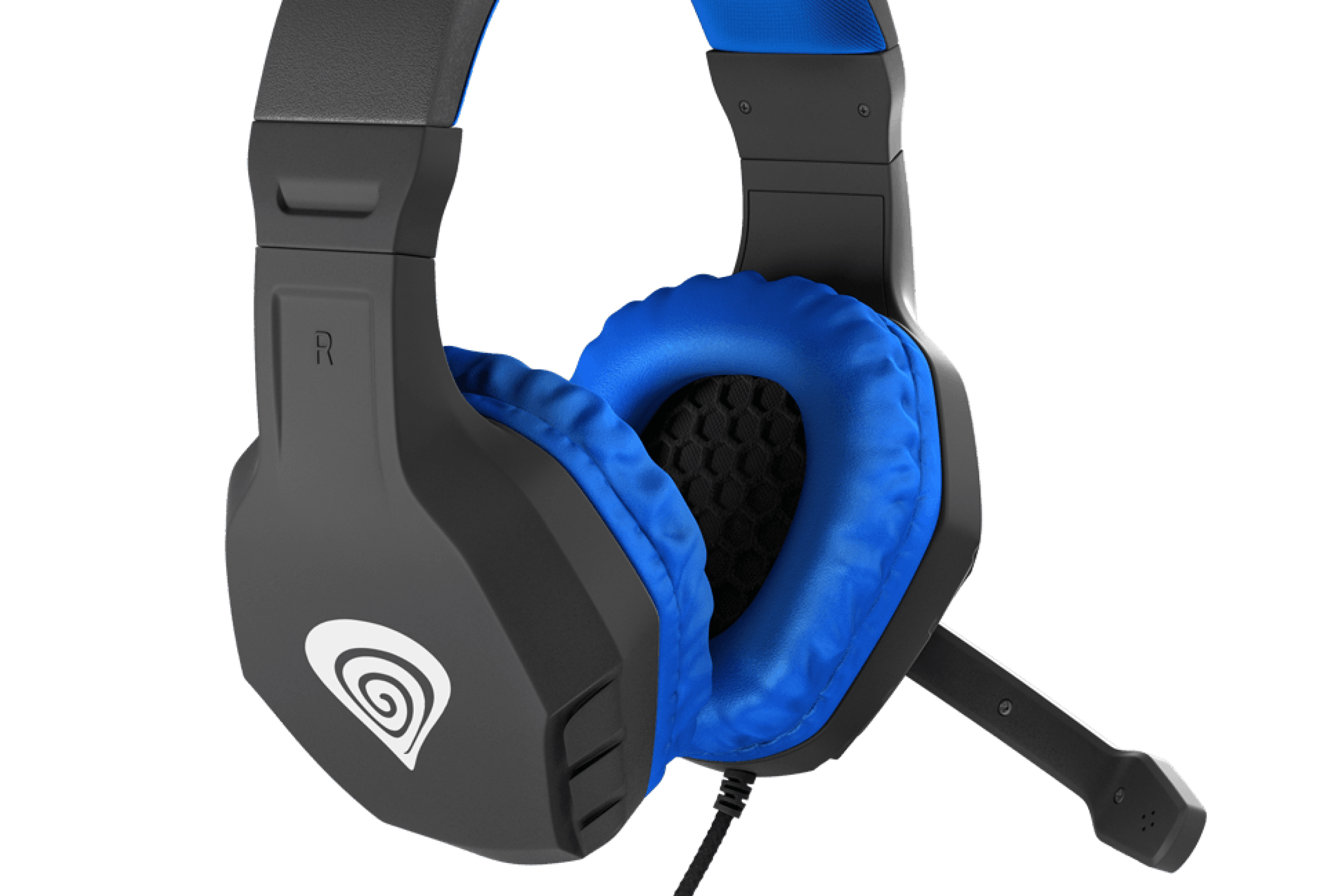 Black and blue Genesis Argon 200 over-ear headphones with a flexible microphone and cushioned ear pads