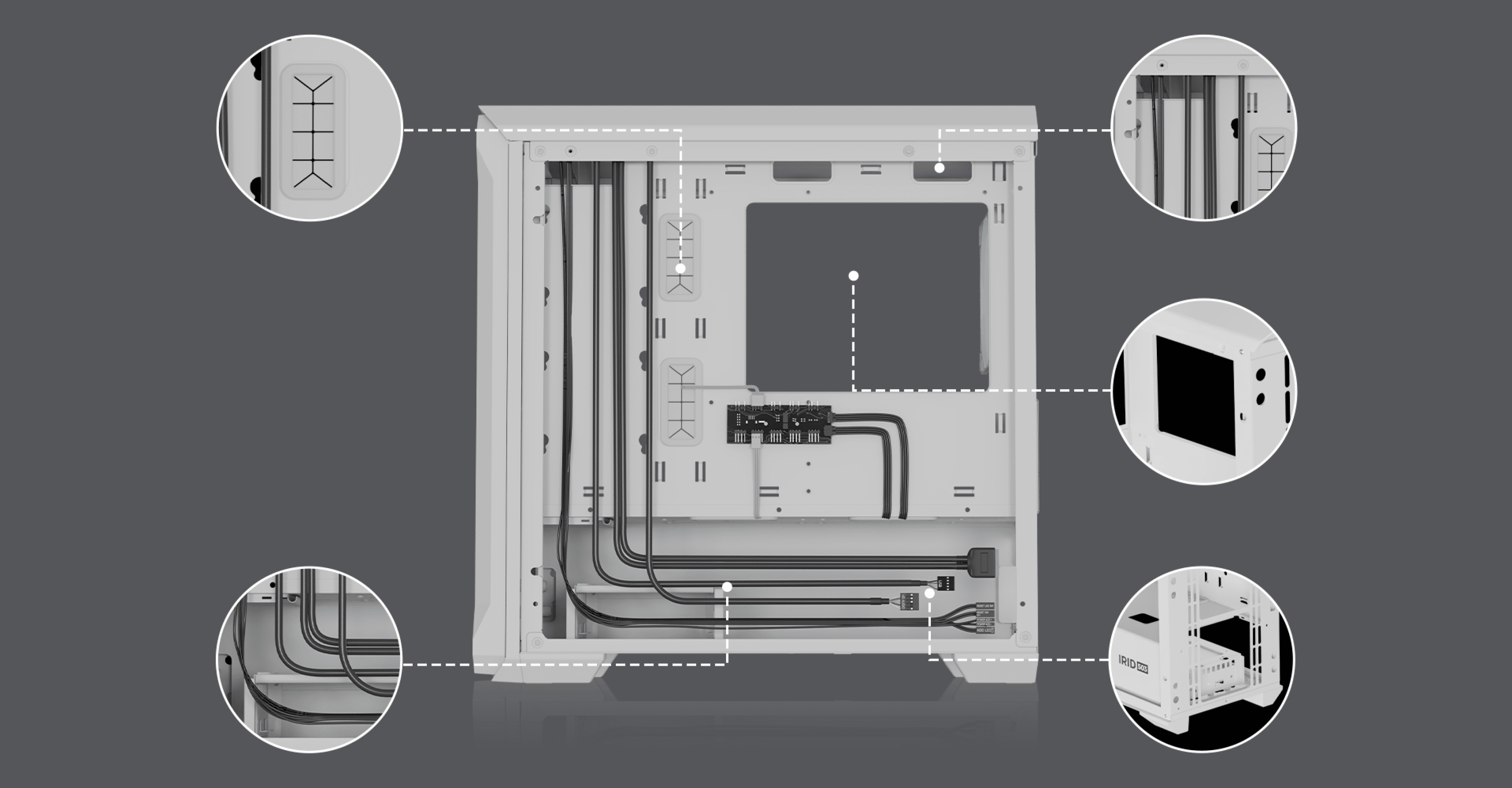 White Genesis Irid 503 ARGB Lite MATX Mini Tower case features an open design with cable management options and a large side window