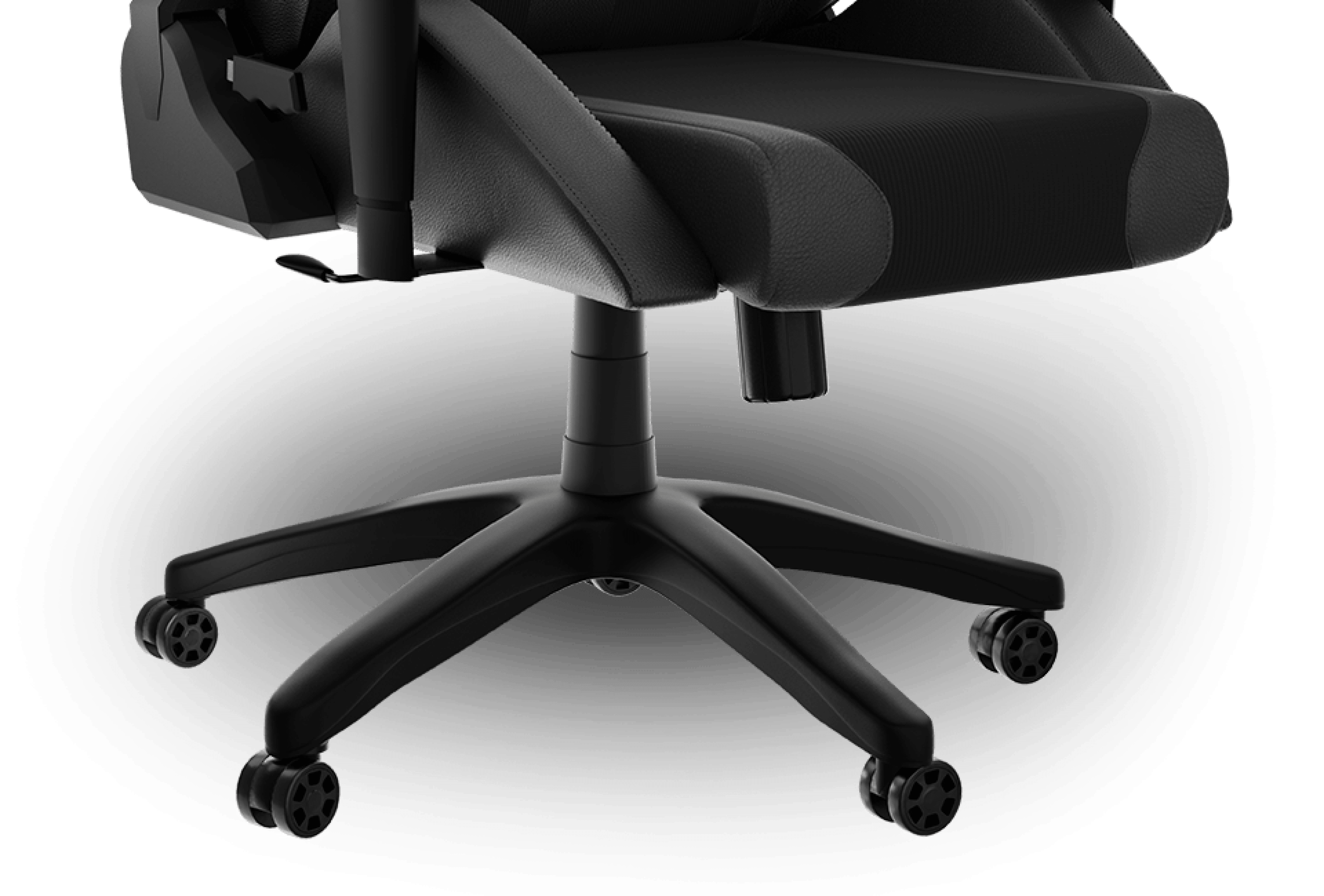 Ergonomic gaming chair with a black design, featuring a sturdy five-star base and rolling wheels for easy mobility