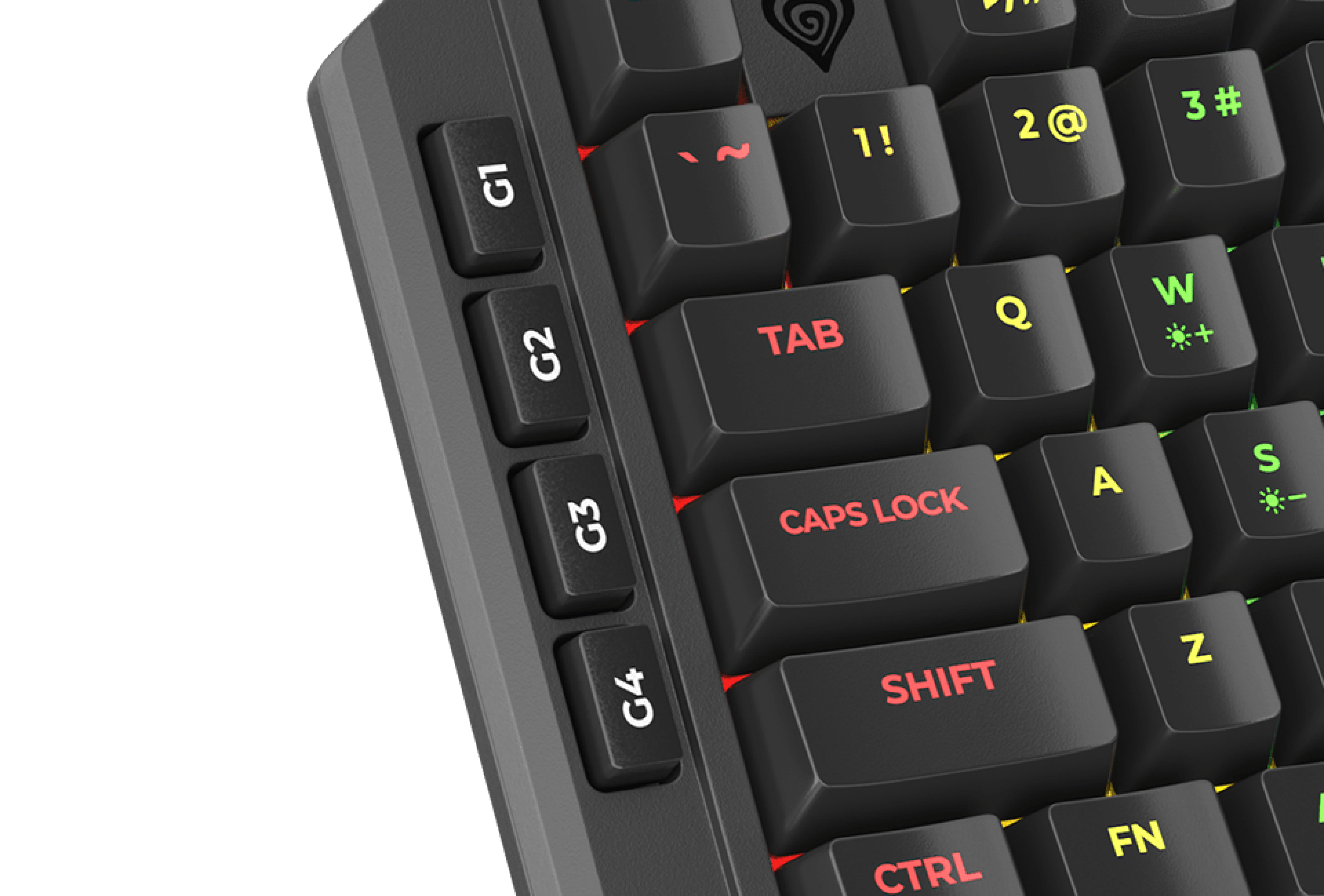 Close-up of a keyboard showing function keys with colorful labels for quick access.