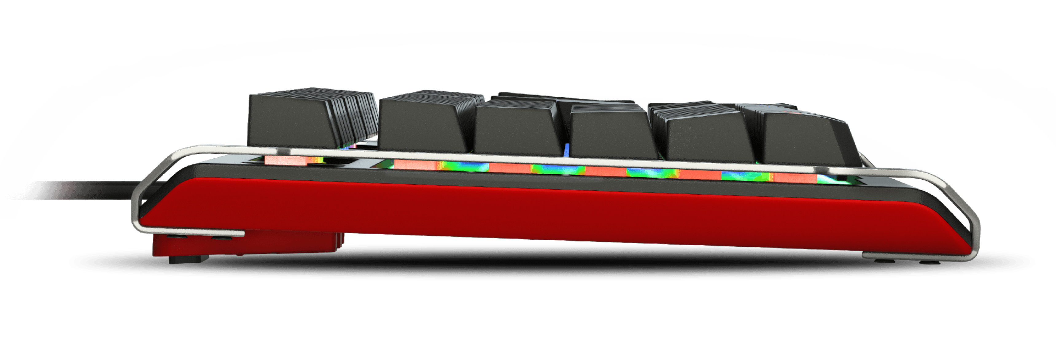 Keyboard seen from the side with a red base, black keys, and colorful lighting underneath.