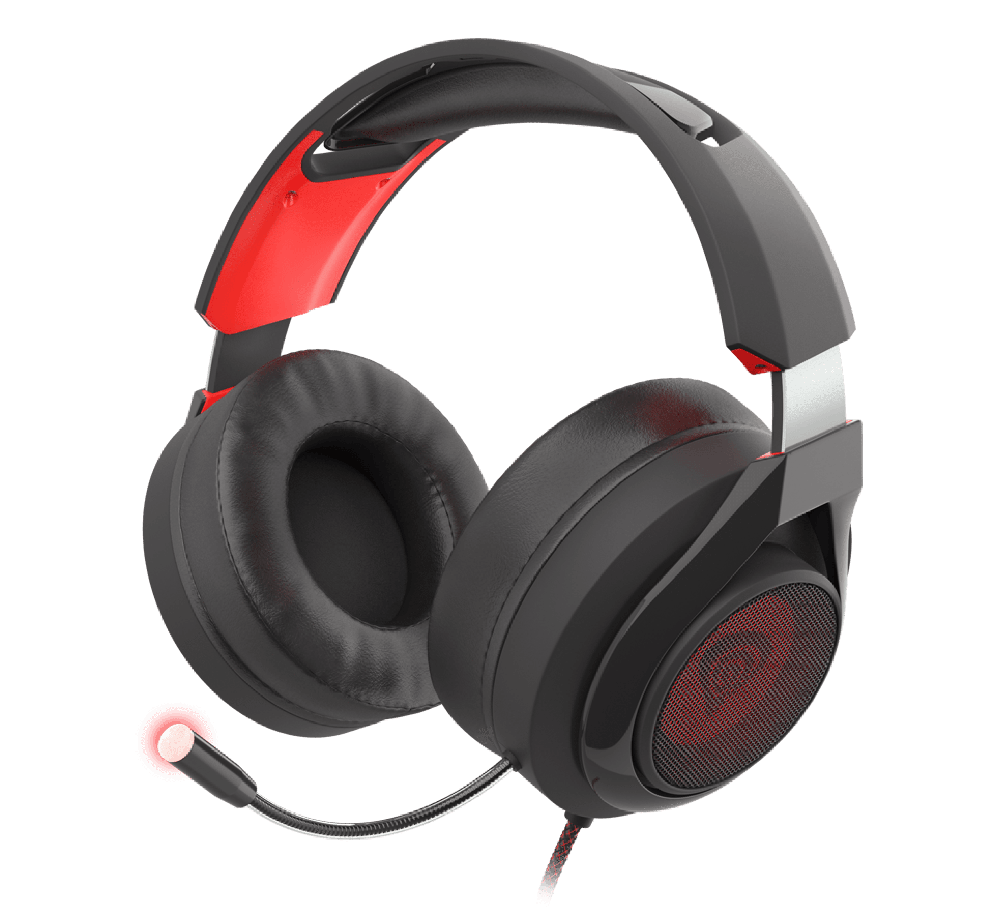 Black and red Genesis Radon 610 7.1 headphones with a microphone and USB connection, featuring LED lighting