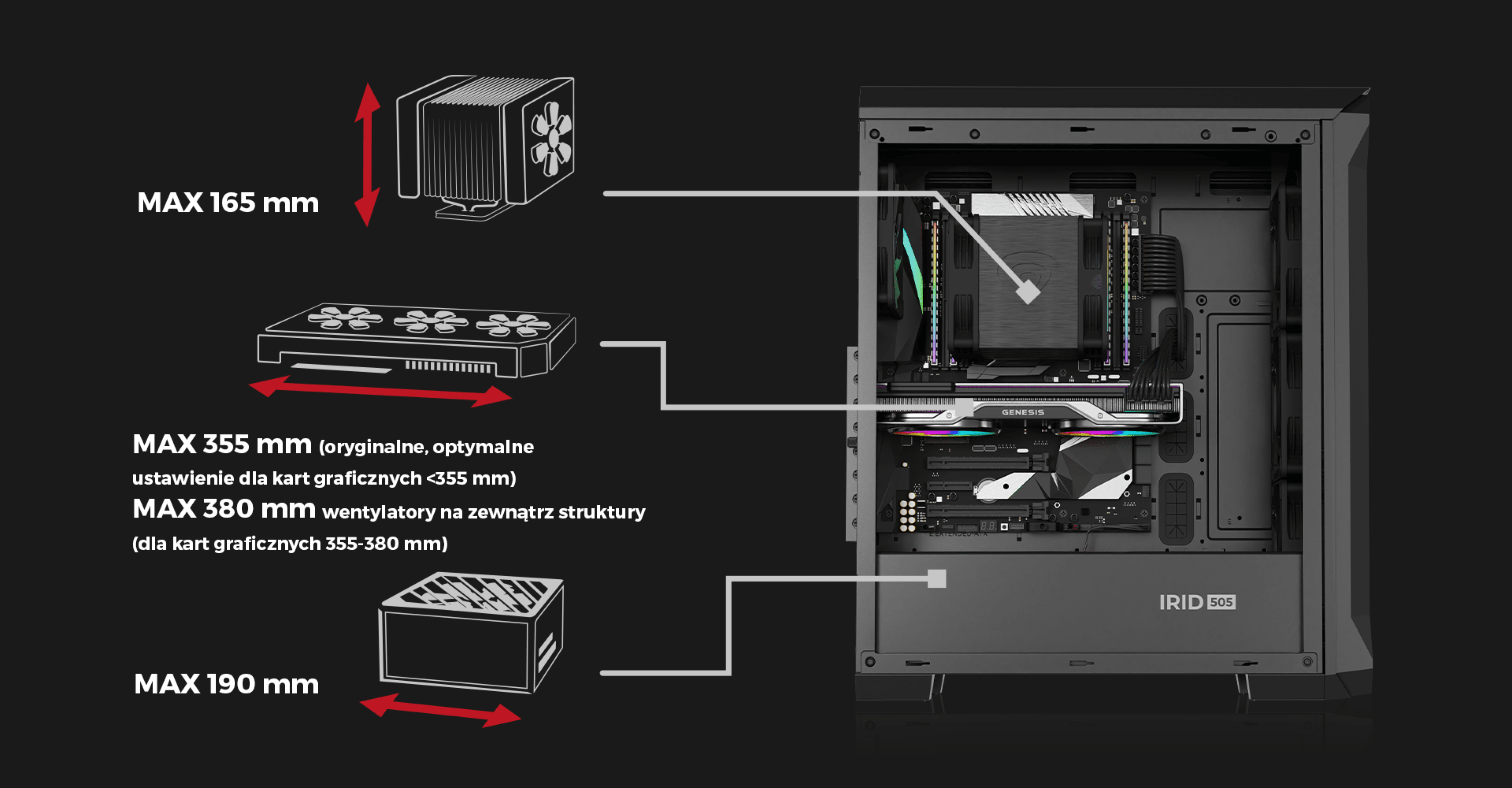 Black Genesis Irid 505 ARGB V2 midi tower case with outlined maximum component sizes for cooling and graphics cards