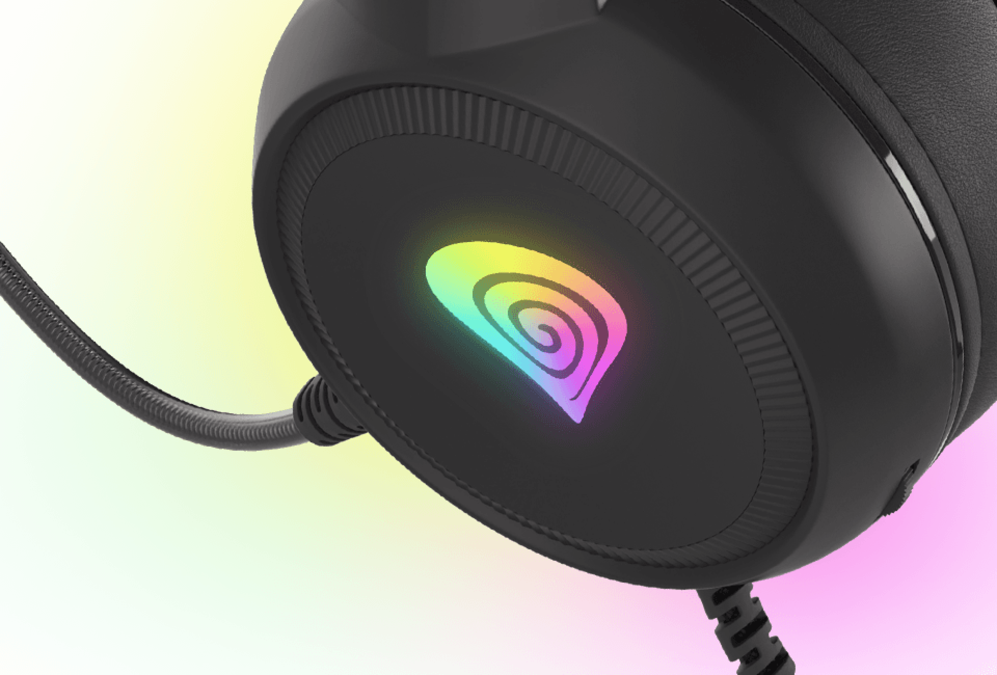Headphone ear cup with a colorful glowing logo and a connection cable attached.