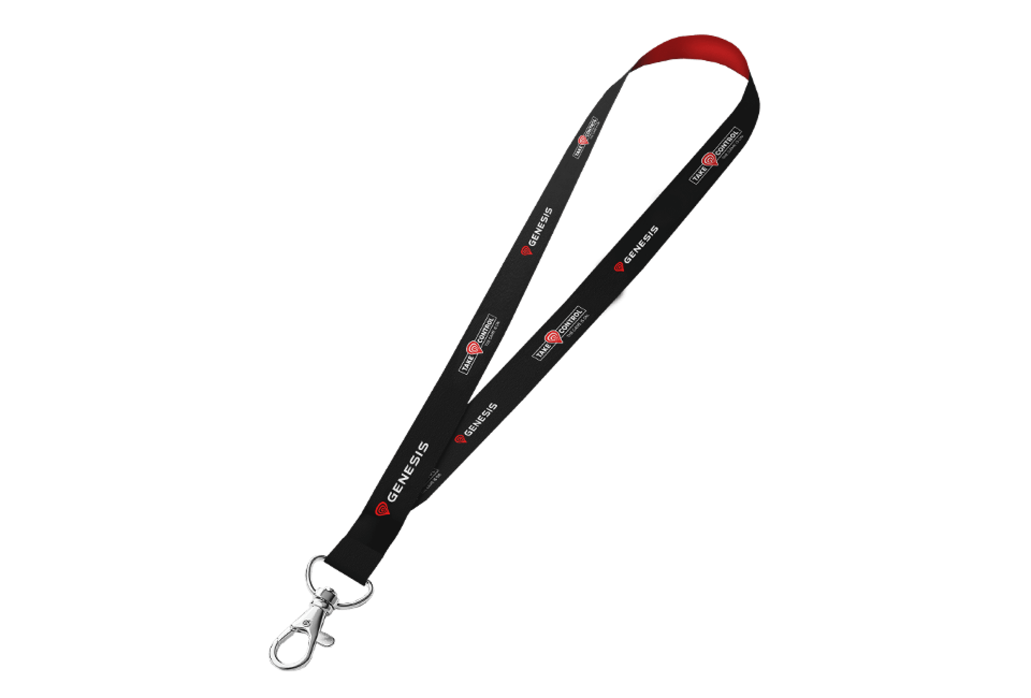 Black and red keychain lanyard featuring 'Genesis' logo and heart designs, with a metal clip for attachment