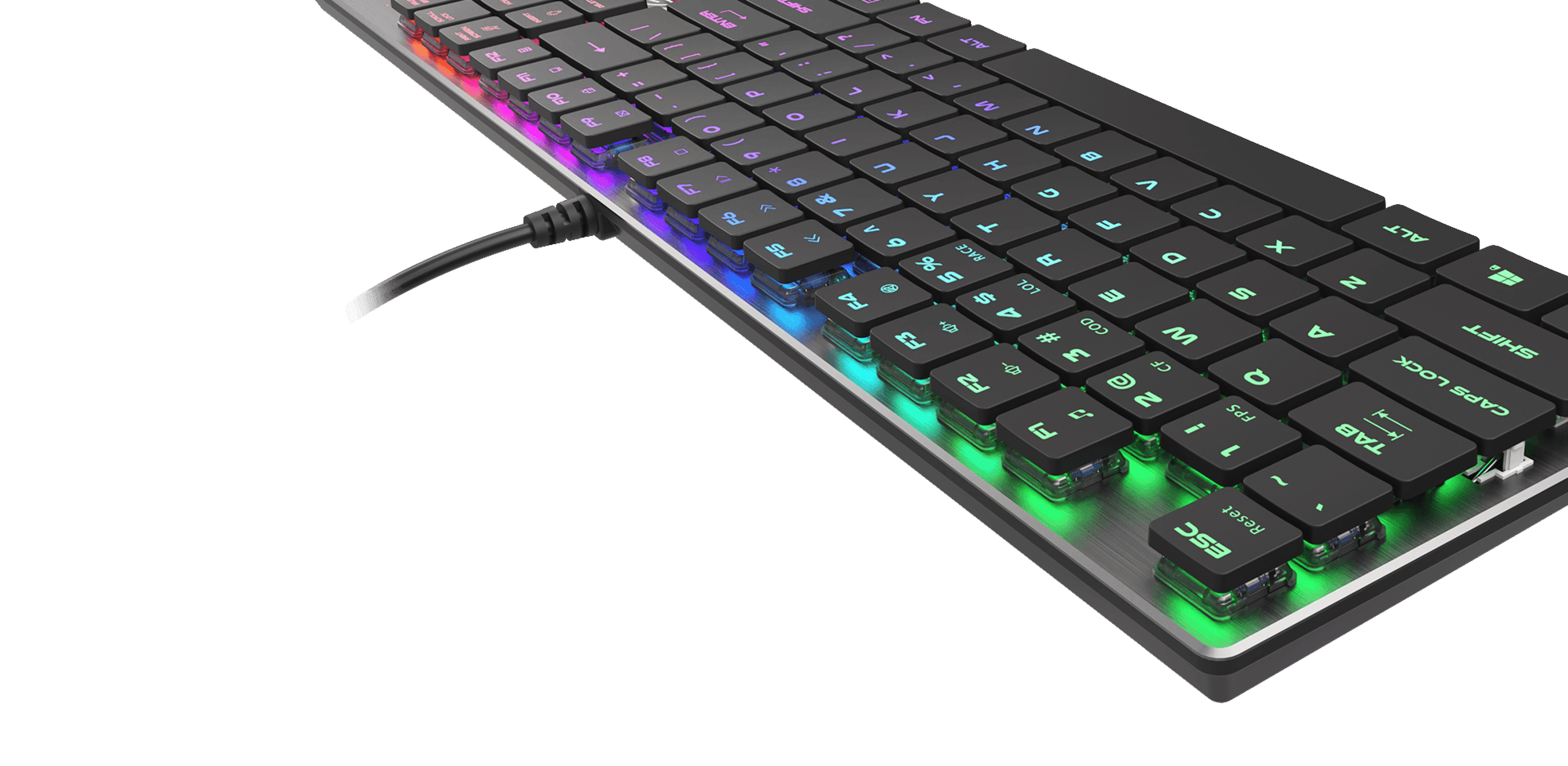 RGB backlit mechanical gaming keyboard with blue switches, featuring a slim design and vibrant multicolor lighting