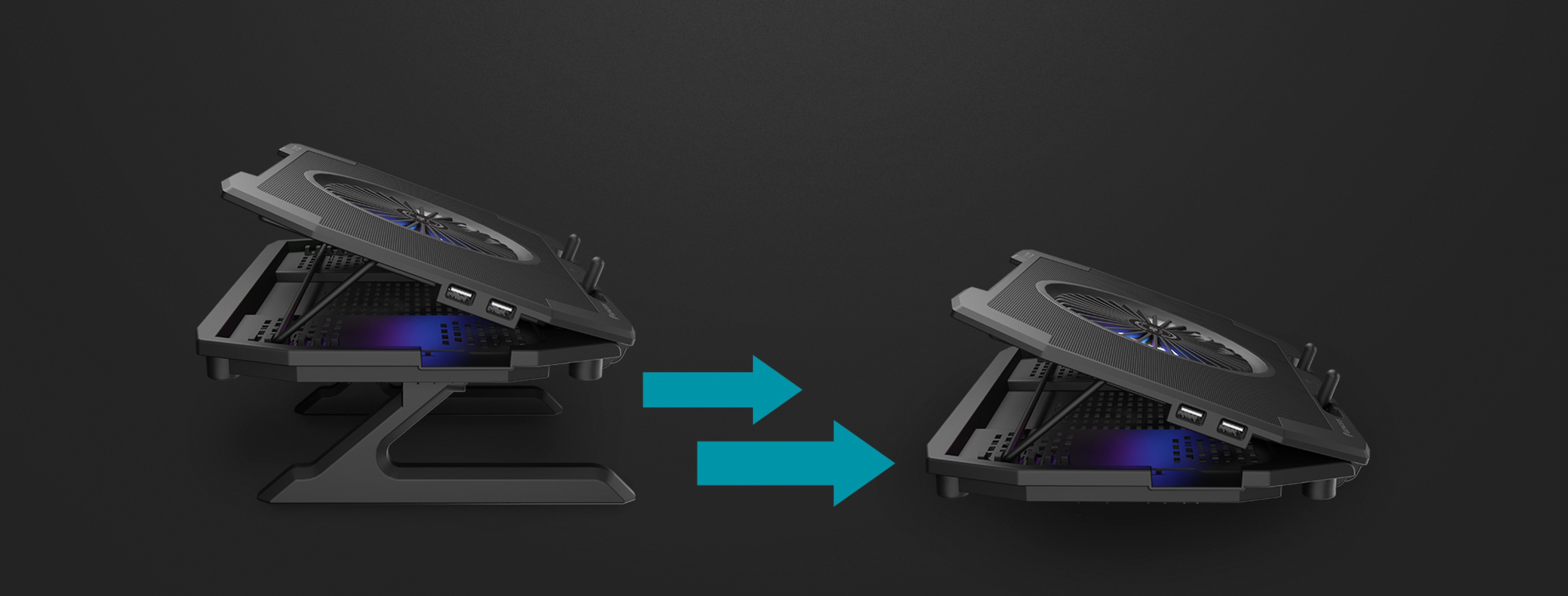 Cooling pad for laptops, featuring RGB lighting and five fans, adjustable for 15.6"-17.3" devices