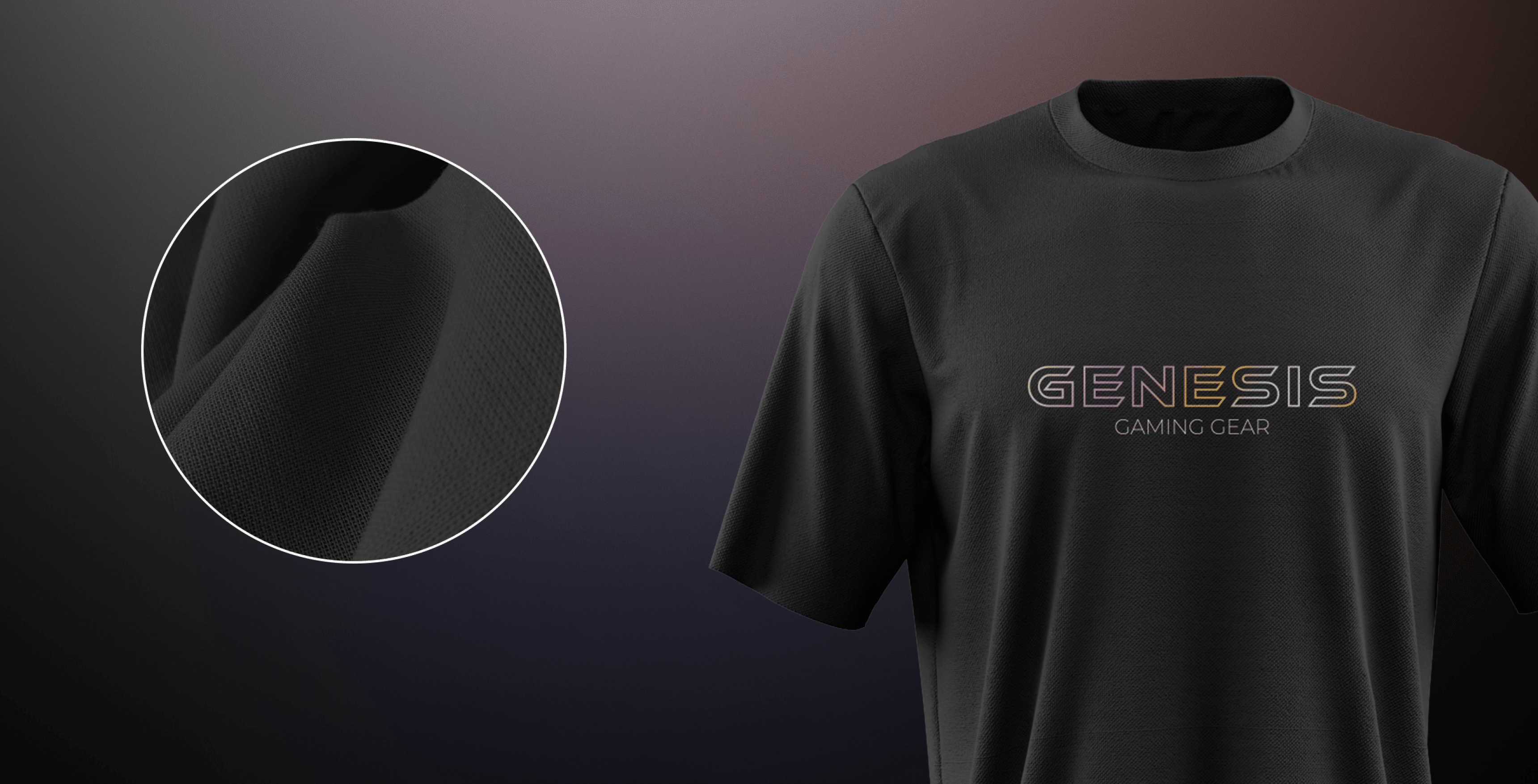 Black t-shirt featuring the "GENESIS GAMING GEAR" logo in colorful, holographic lettering. Close-up of the fabric texture displayed