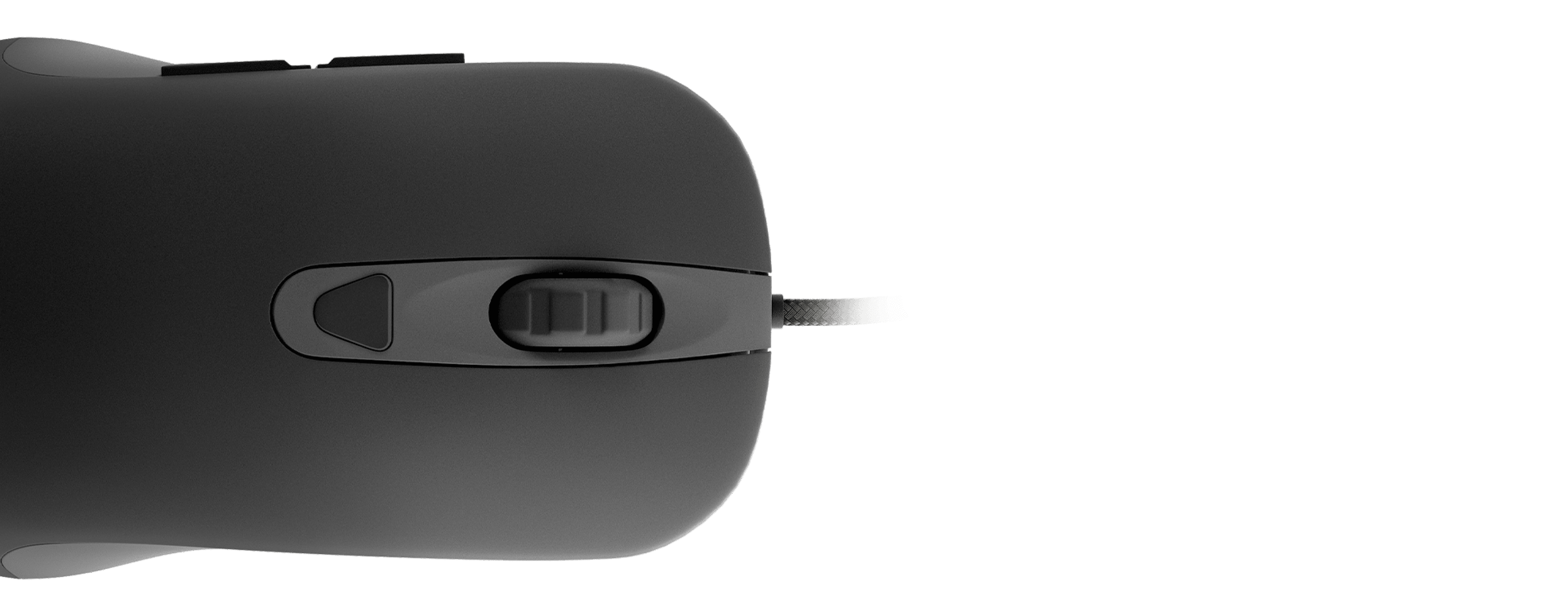 Black computer mouse featuring a central scroll wheel and a connection cable.