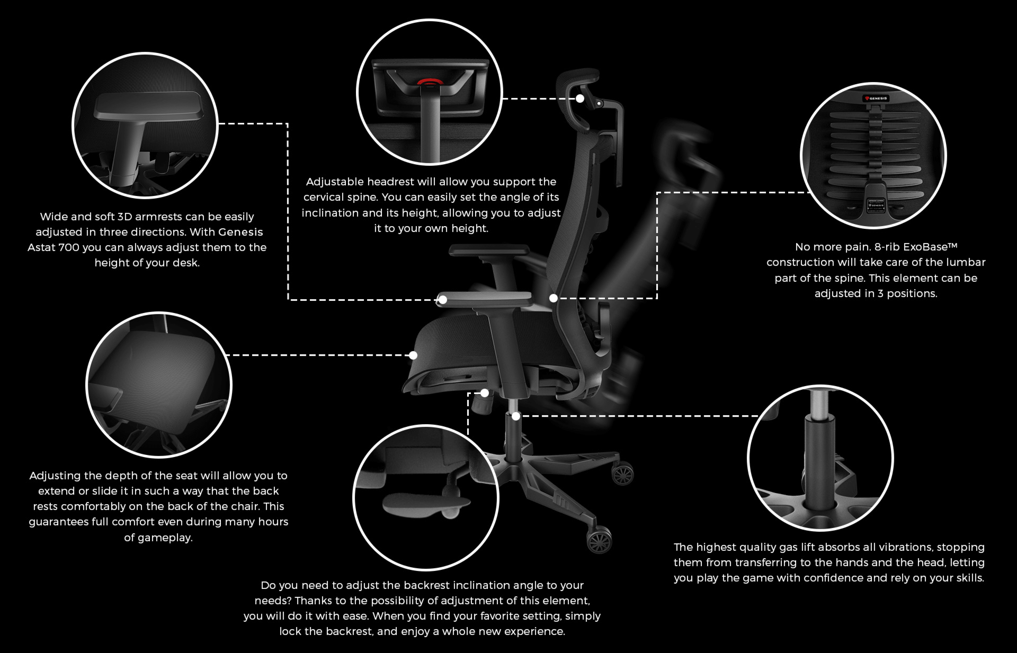 Ergonomic black office chair with adjustable features, highlighting lumbar support, seat depth, and height adjustments for comfort