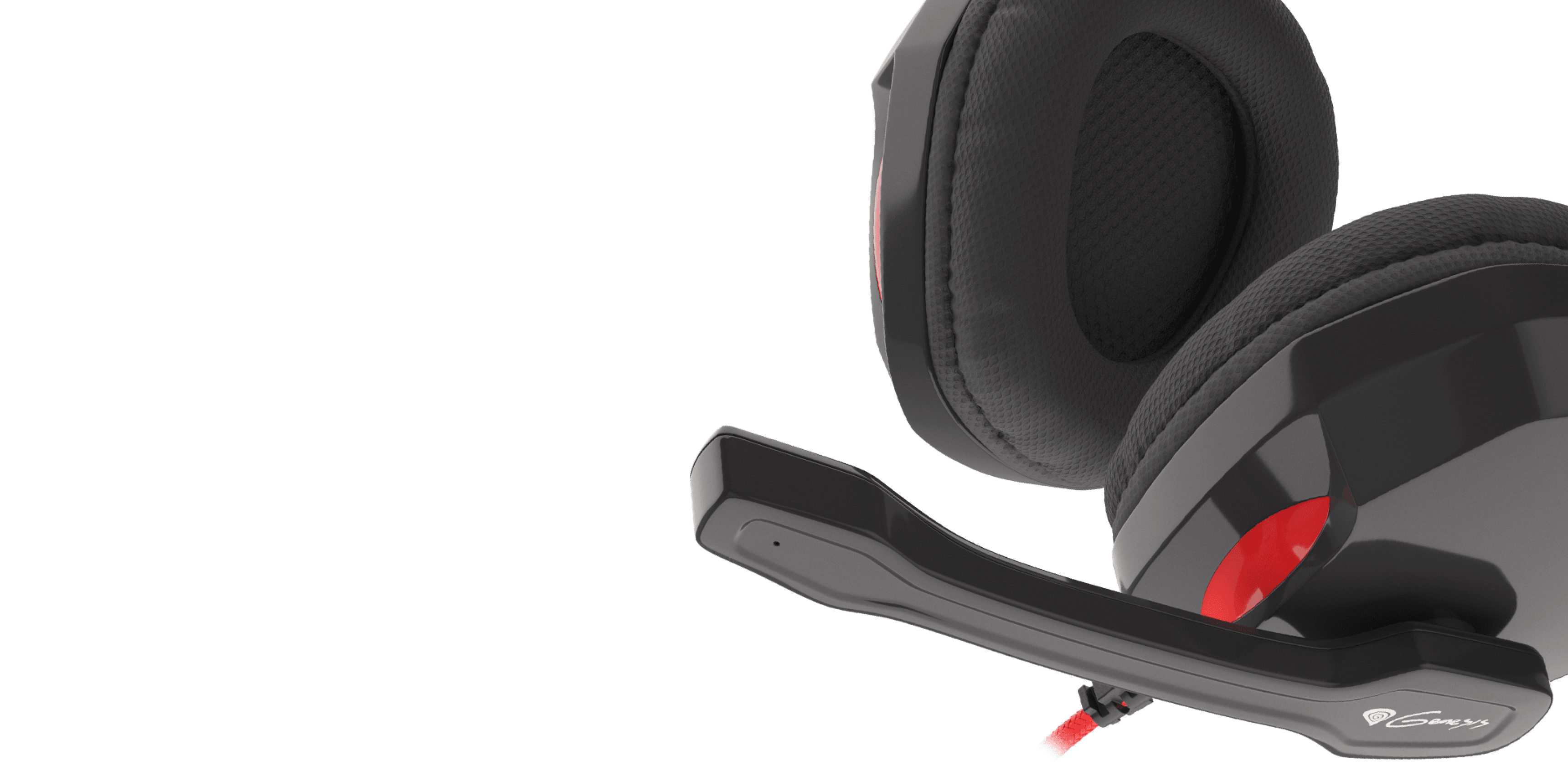 Headset with cushioned ear cups and a flexible microphone on a black and red design.
