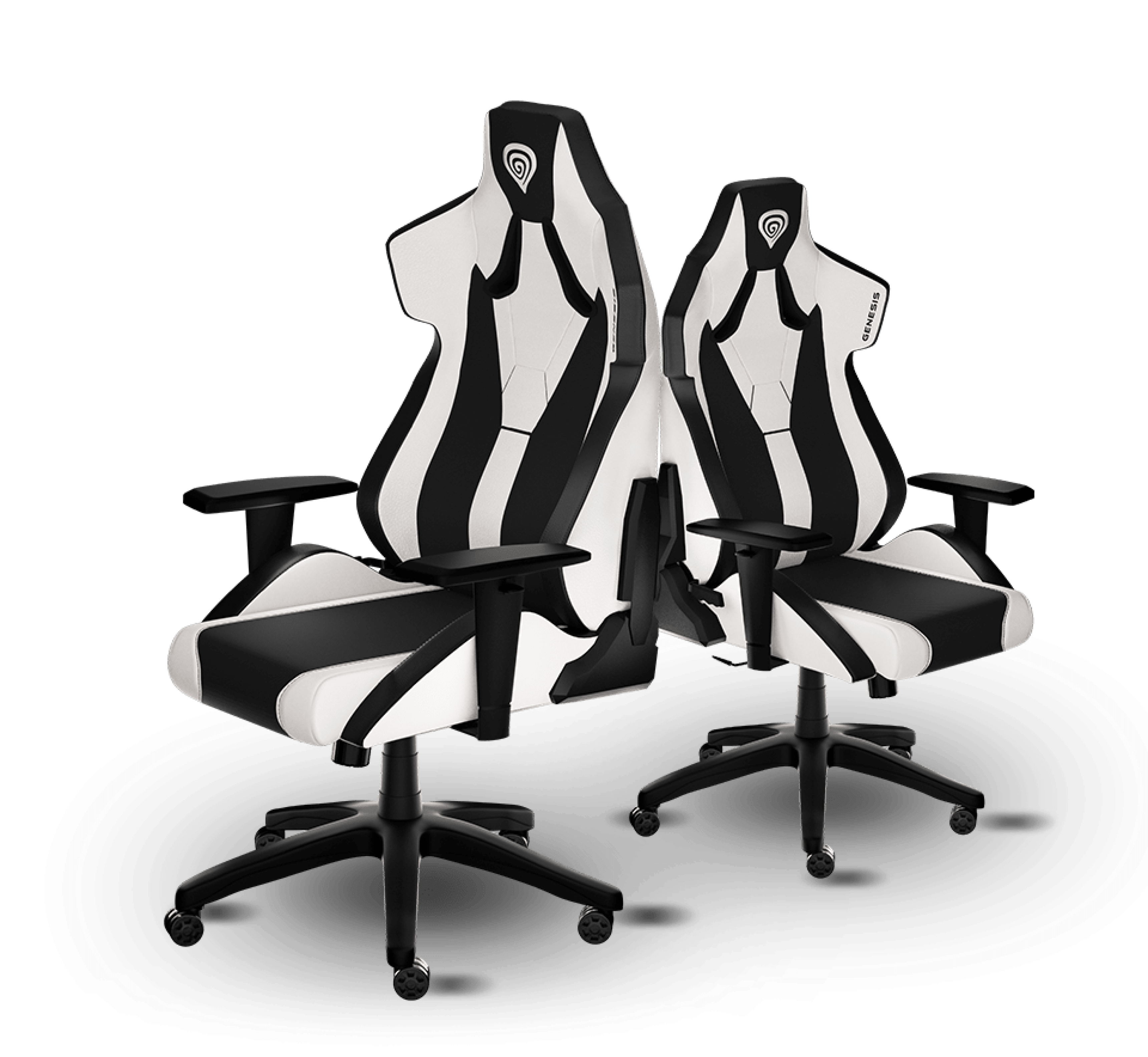 Two ergonomic chairs with black and white design and adjustable height on rolling bases.
