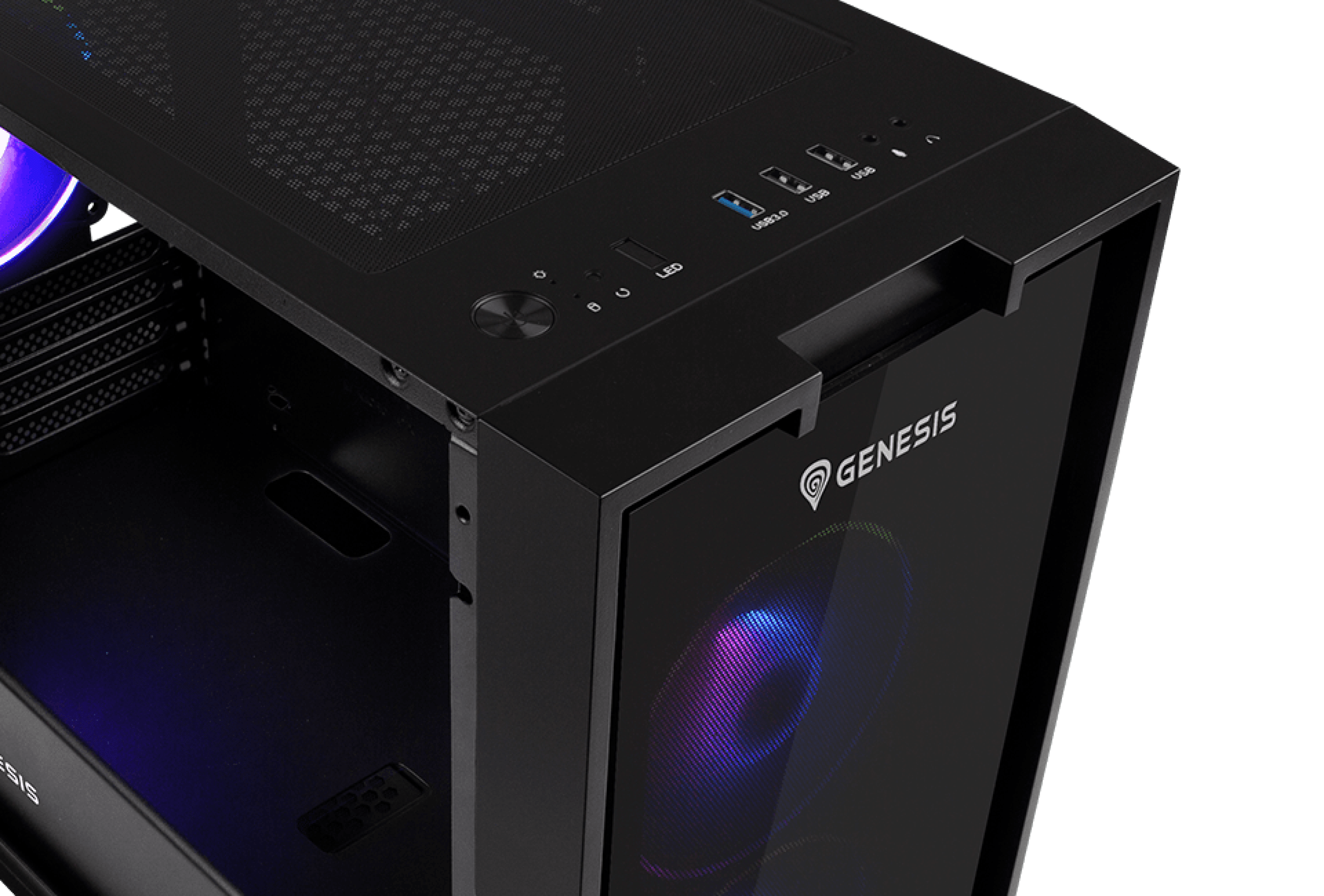 Black computer case featuring a transparent front and glowing fan with control buttons.