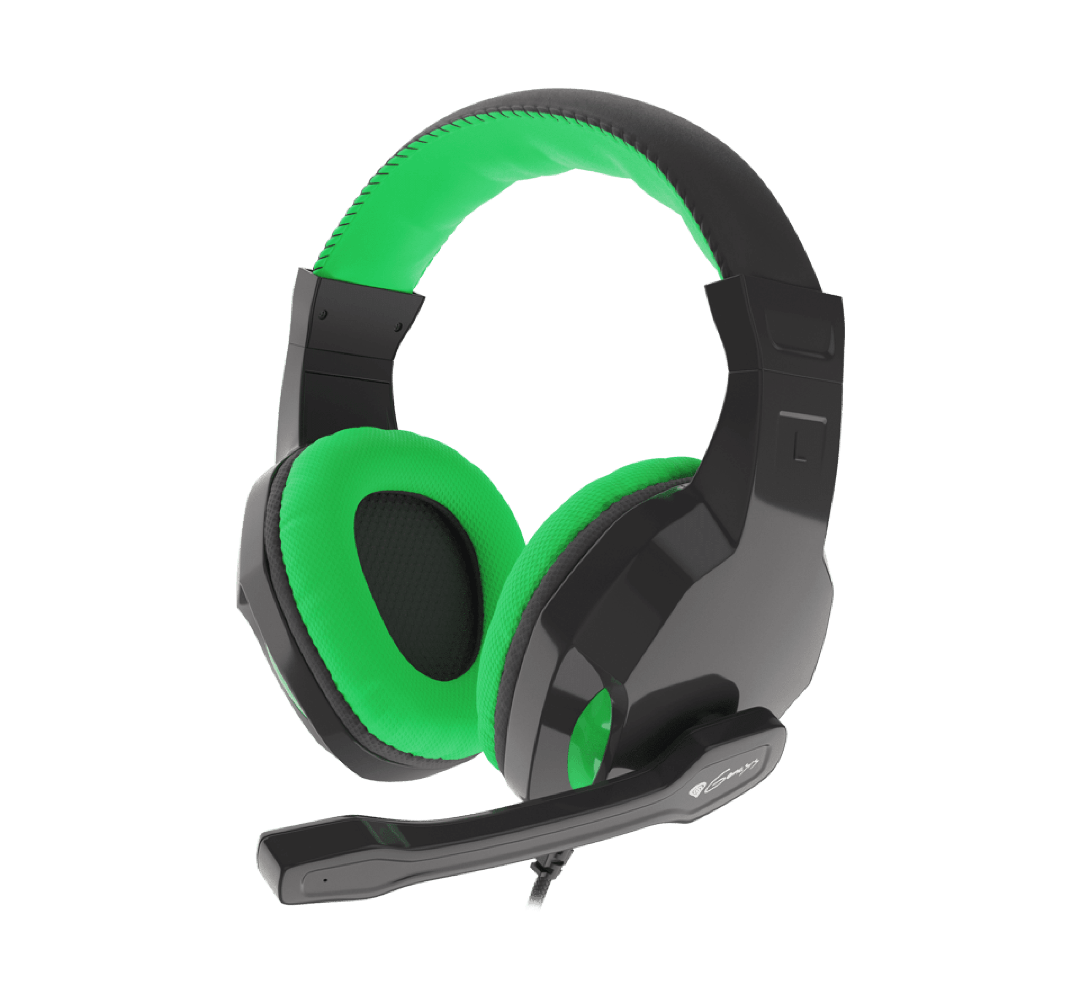 Black and green over-ear headphones with a microphone, featuring padded ear cups and adjustable headband