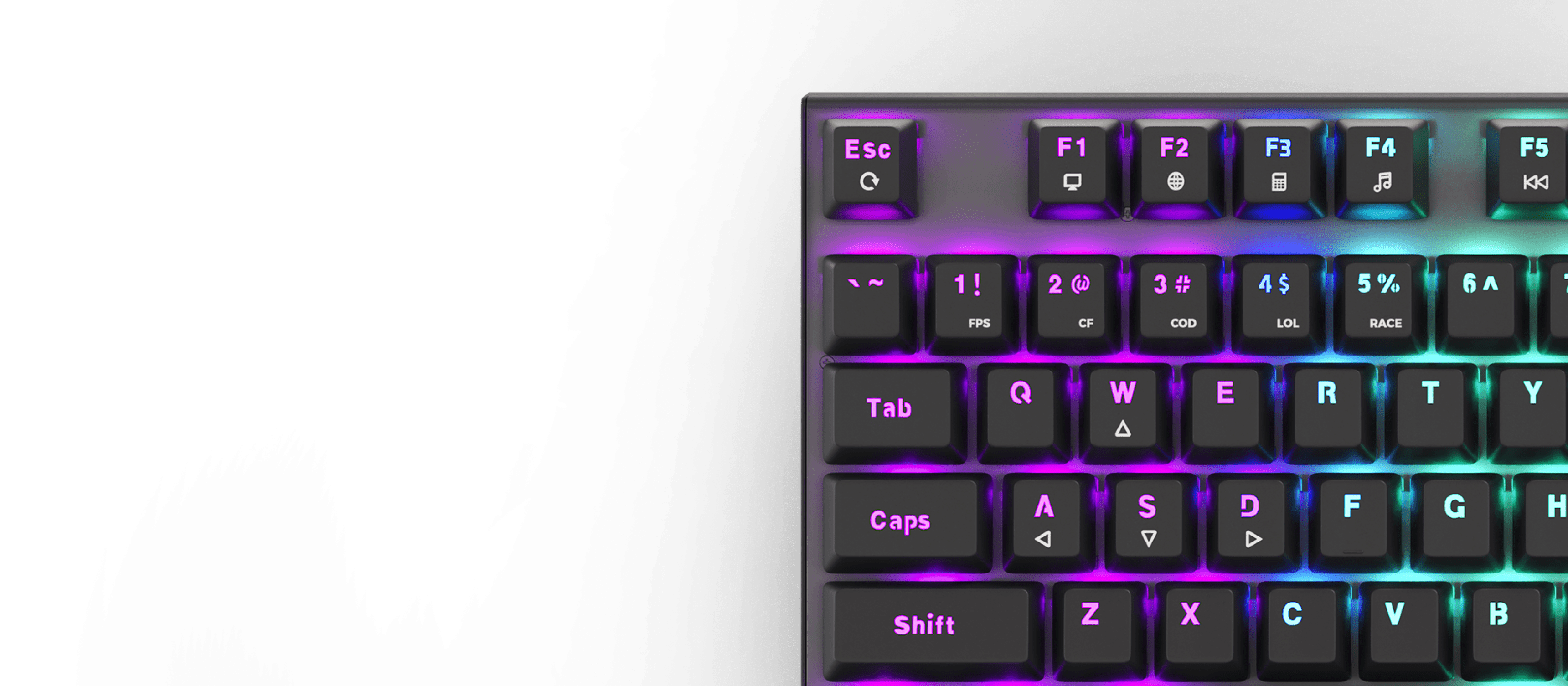 Gaming keyboard featuring RGB backlighting and mechanical red switches, with a compact TKL layout