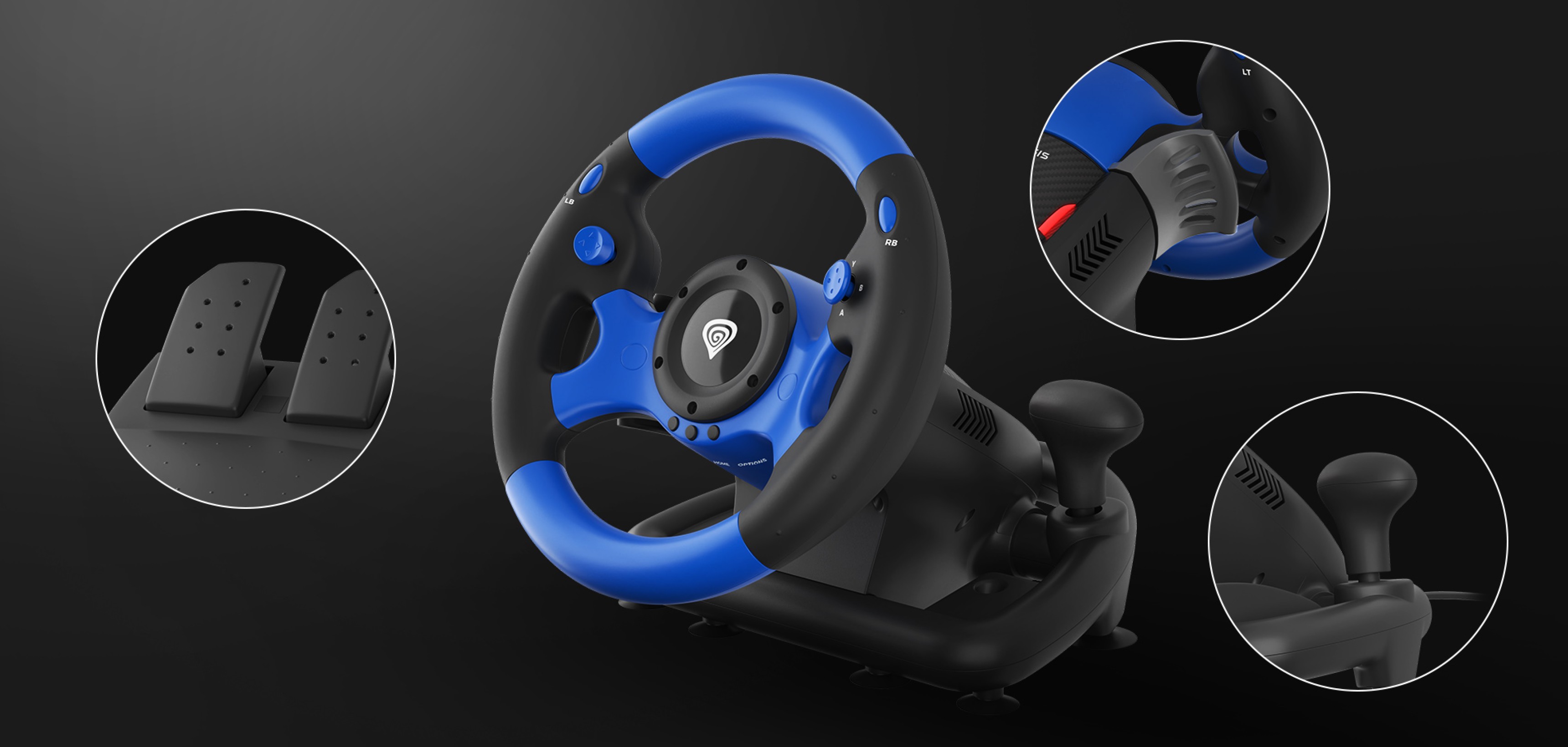 Gaming steering wheel featuring blue and black design, accompanied by pedals, for PC and multiple console compatibility