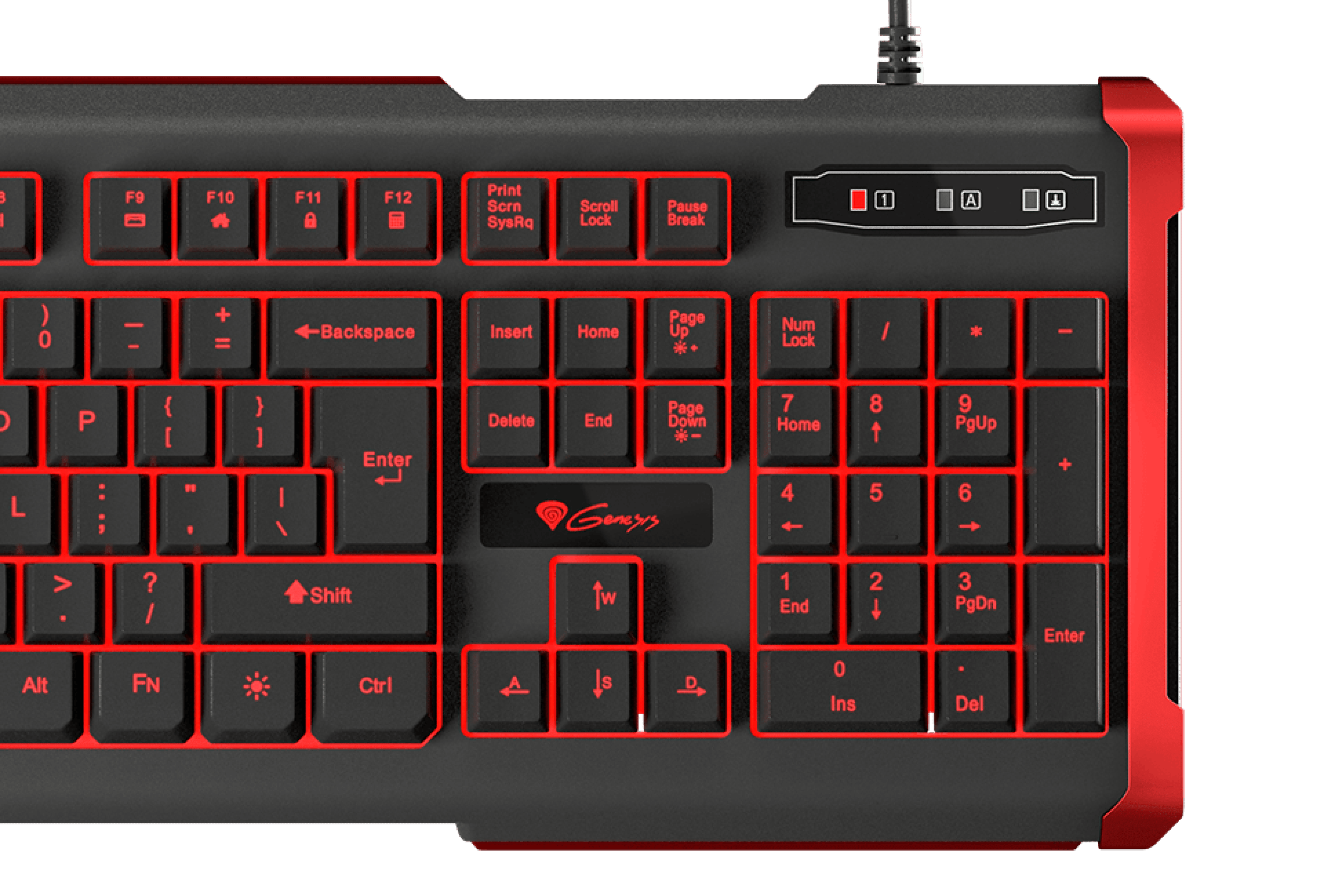 Keyboard with black keys and red accents, featuring multimedia and function keys.
