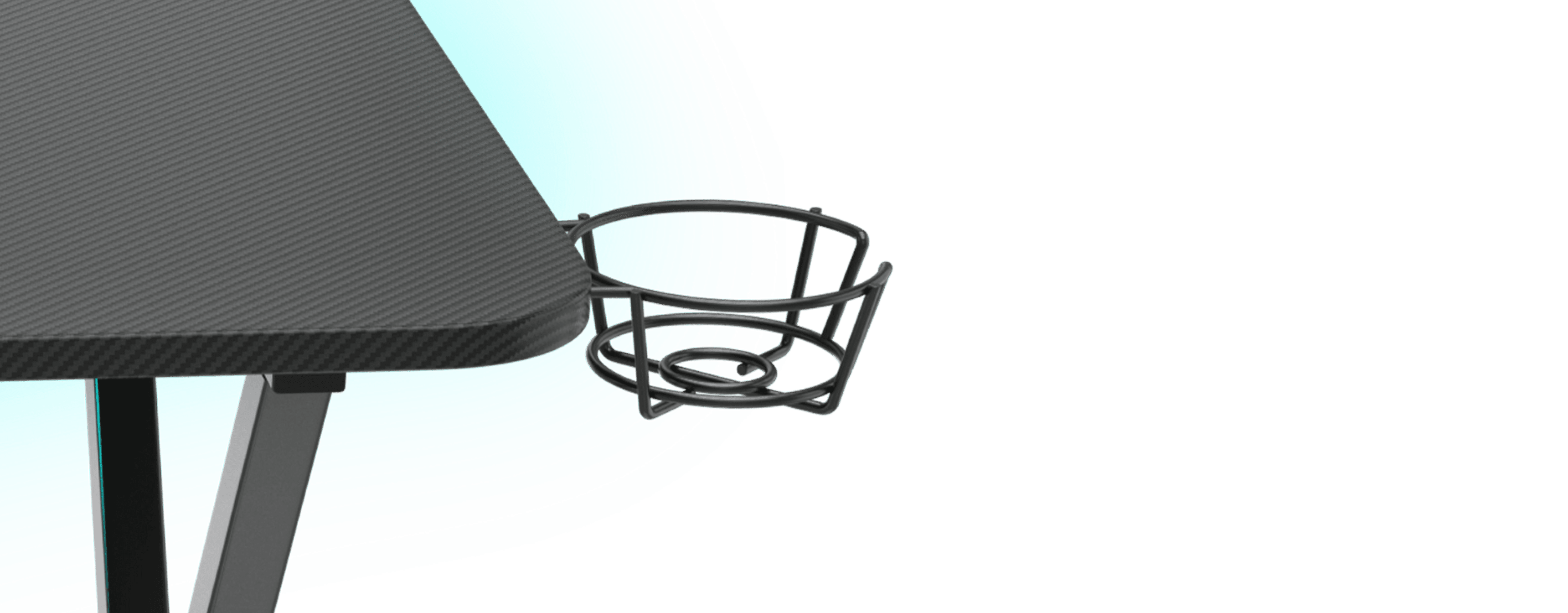 Close-up of the Genesis Holm 200 RGB gaming desk featuring a cup holder attached to the side