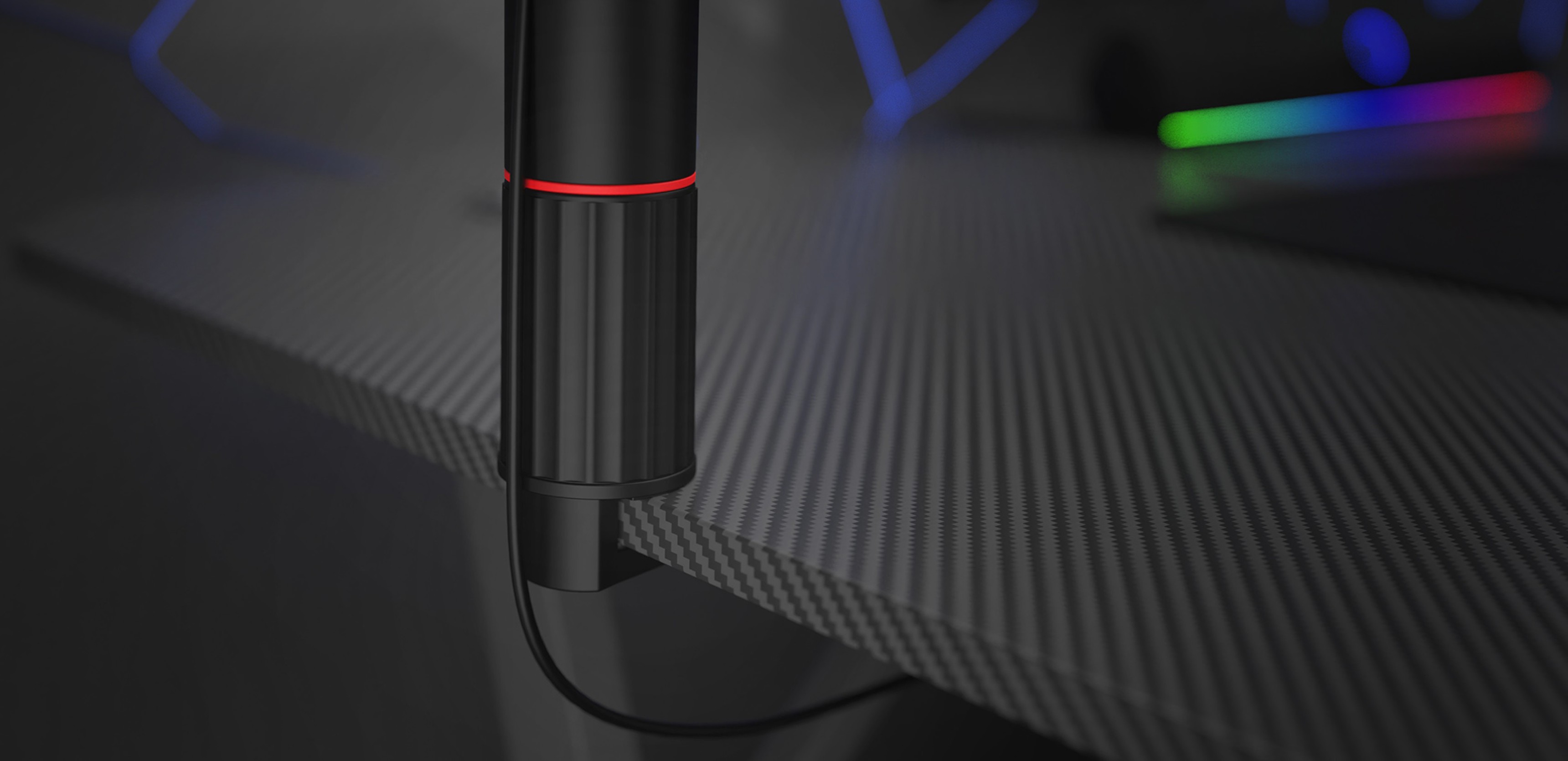 Microphone arm for Genesis Thulium 700, featuring a sleek black design with a red accent, mounted on a textured surface