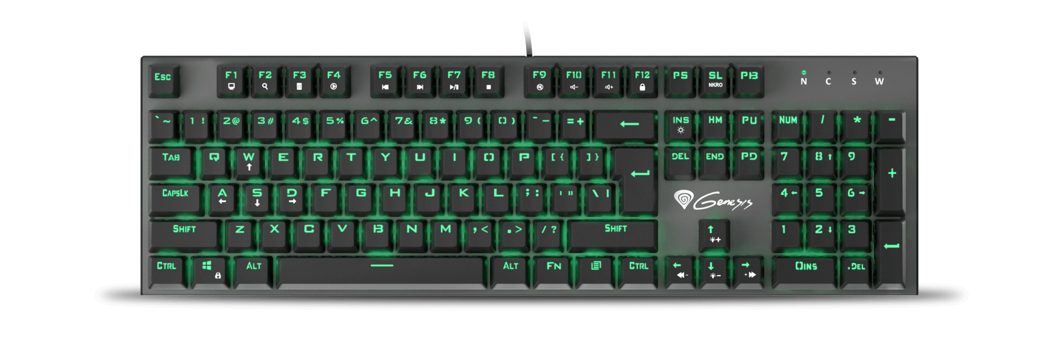 Keyboard with illuminated keys in green color and a sleek, modern design.