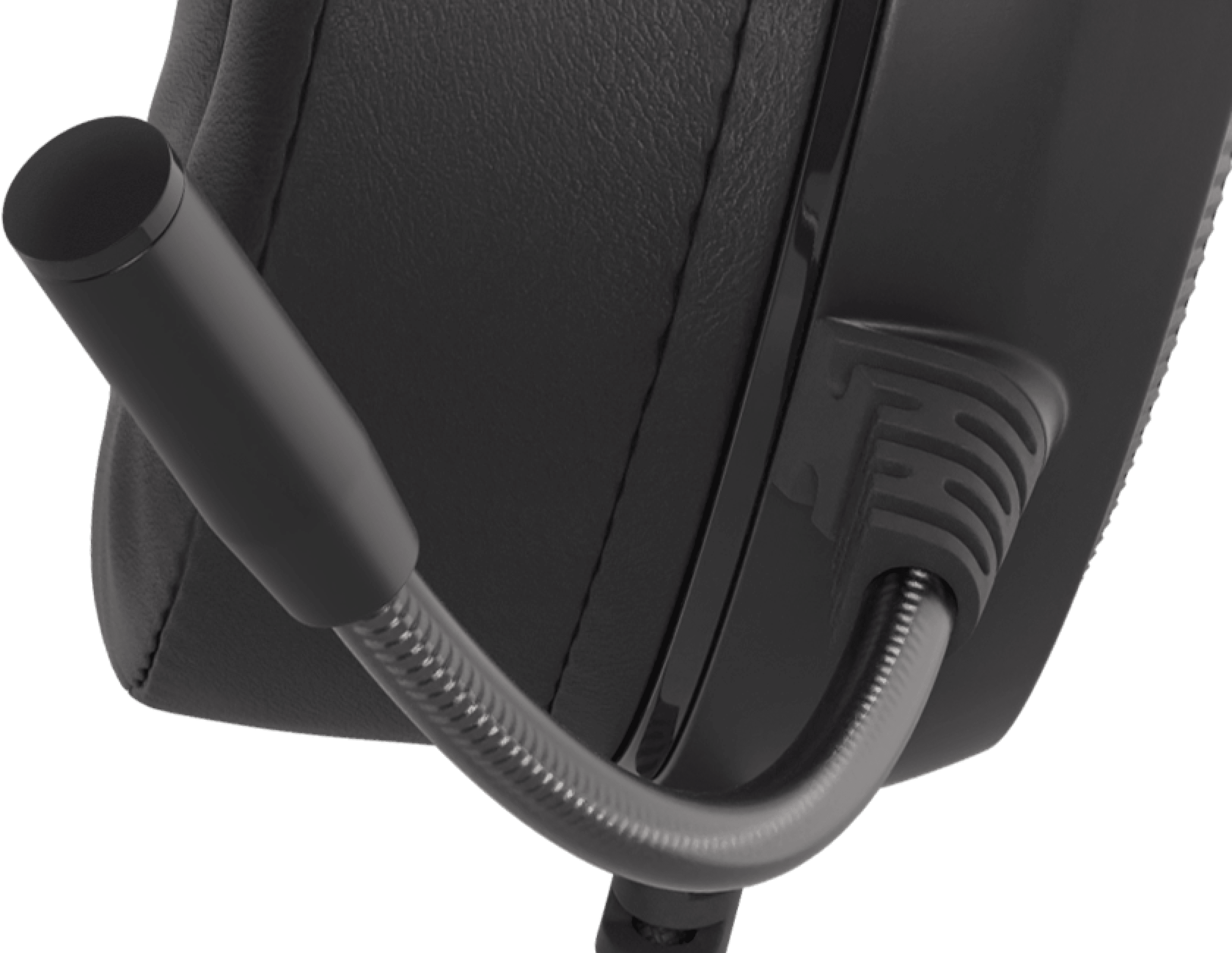 Black headset with a flexible microphone and textured headphone connection.
