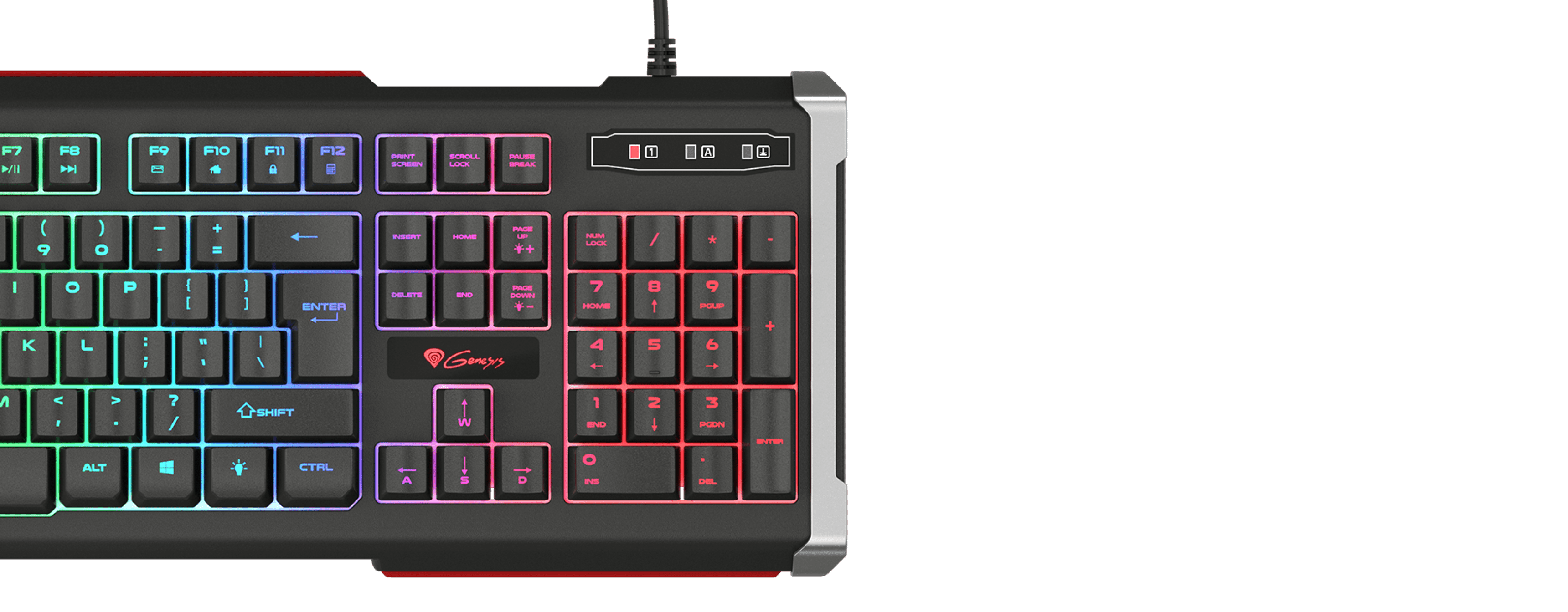 Keyboard with colorful backlighting and a connection cable on the top edge.