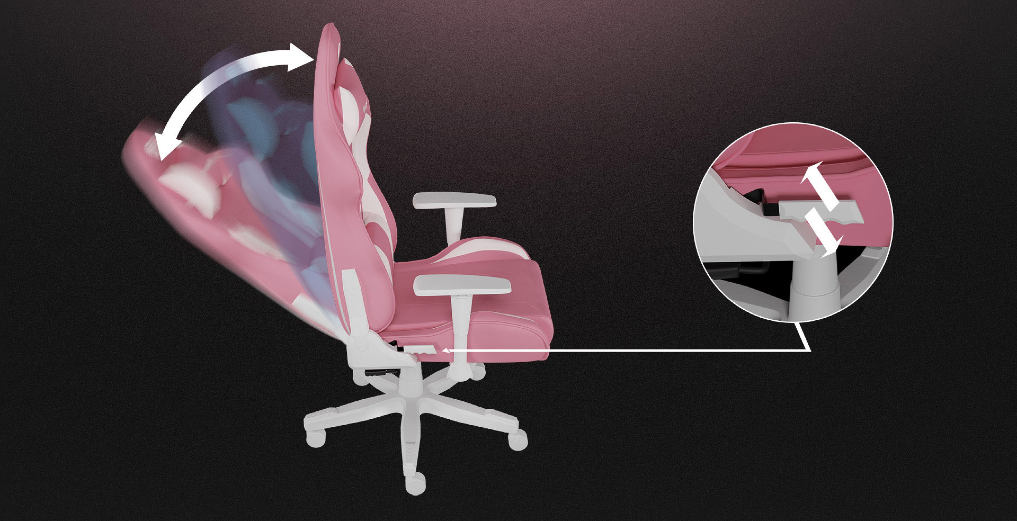 Gaming chair in pink and white, featuring a reclining mechanism and adjustable armrests for comfort during long sessions