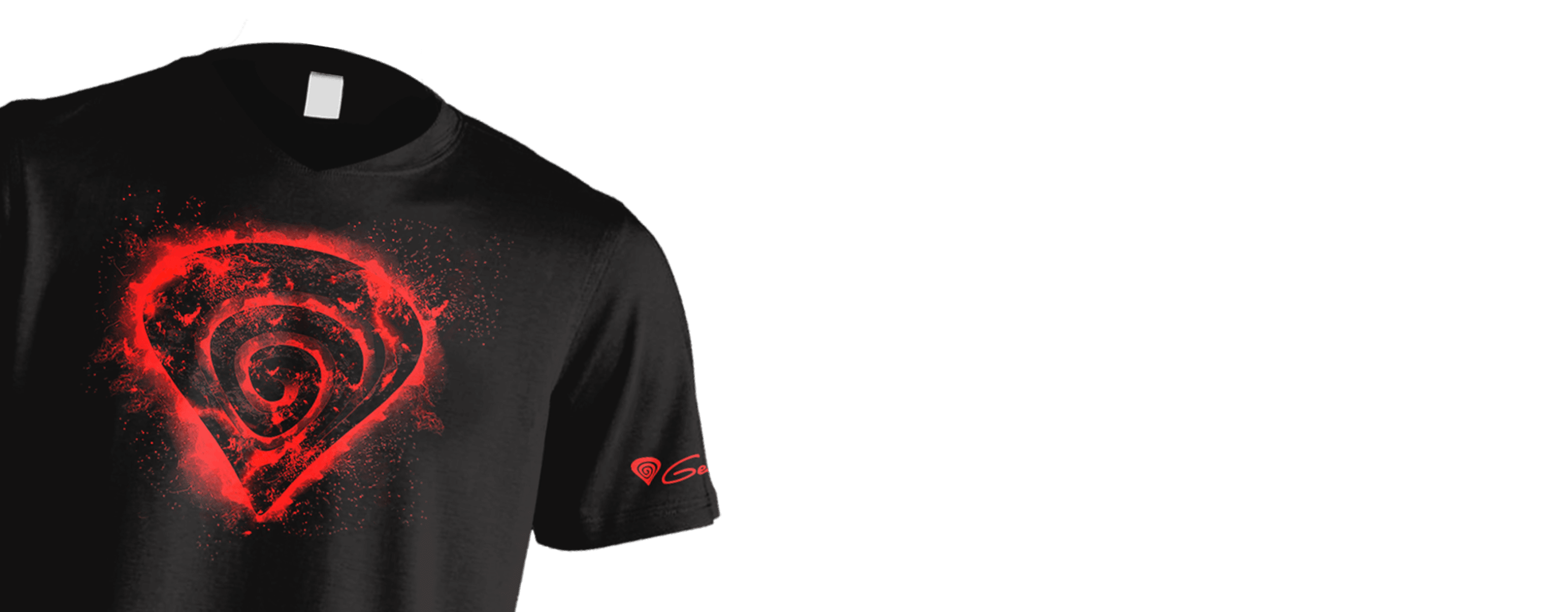Black t-shirt featuring a vibrant red swirl design on the front, size S