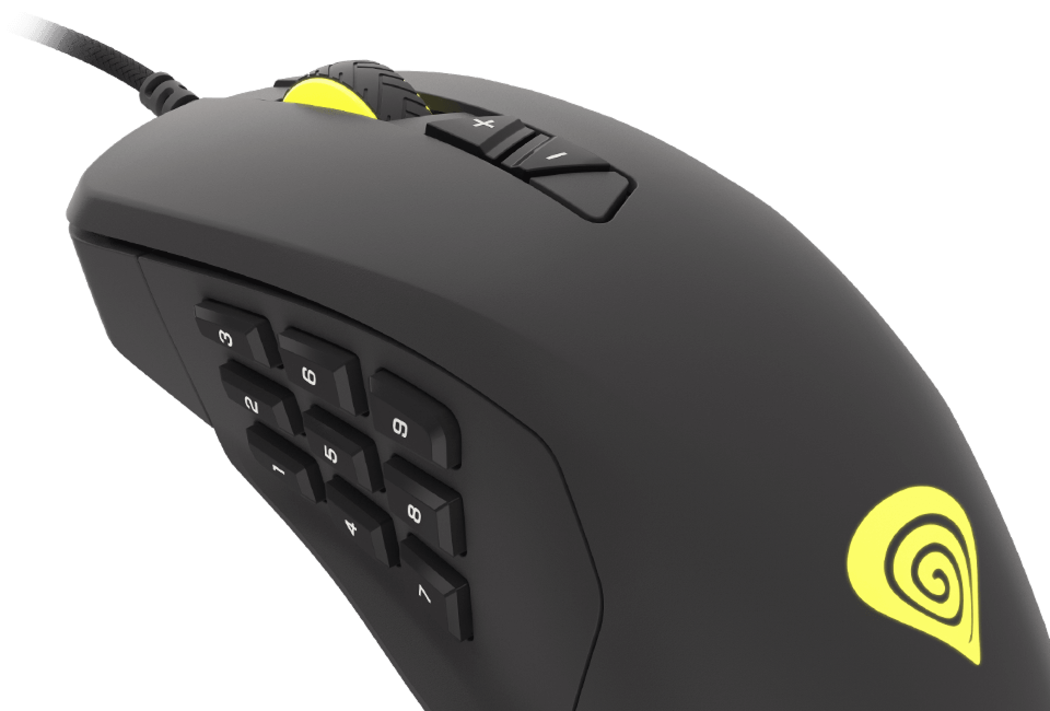 Gaming mouse with multiple buttons and a smooth scroll wheel in a black design.
