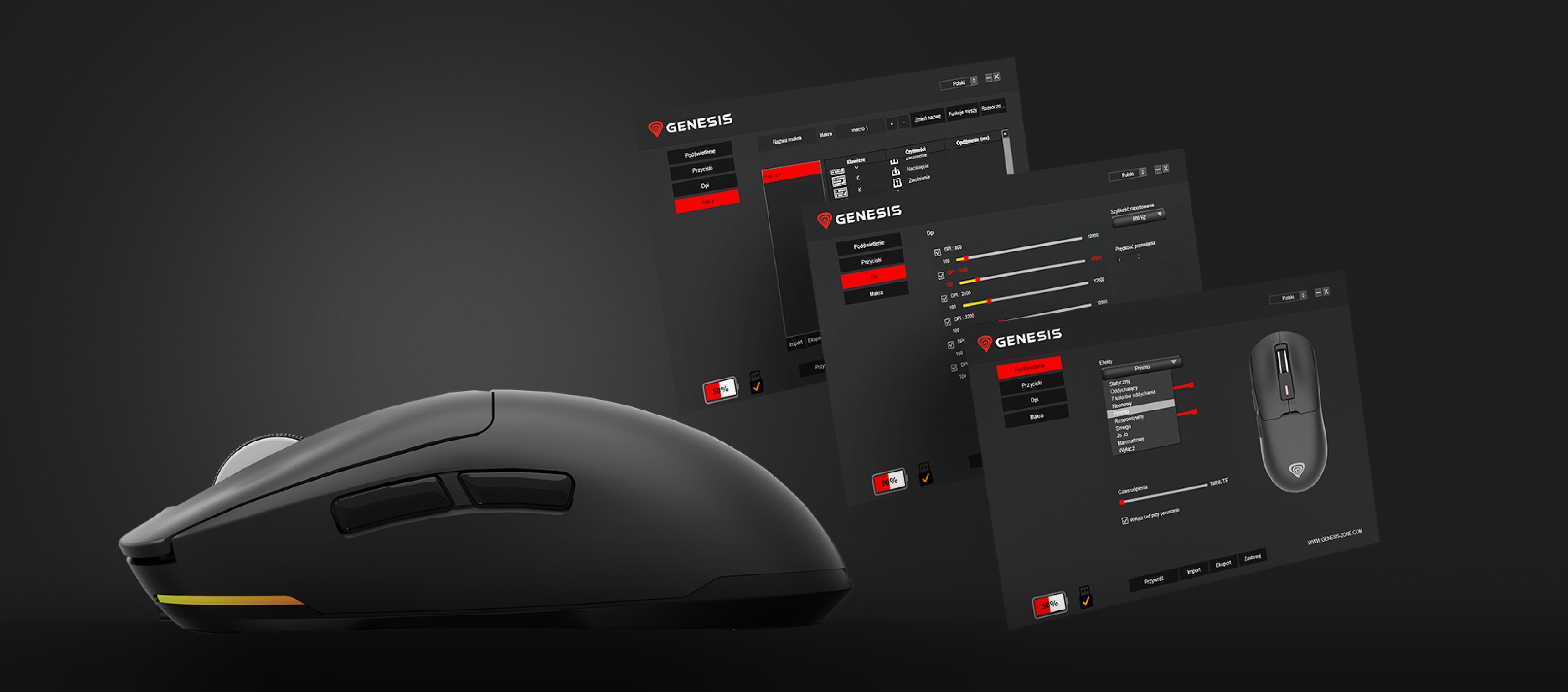 Wireless gaming mouse Genesis Zircon 660, featuring customizable settings on a black background with software interface