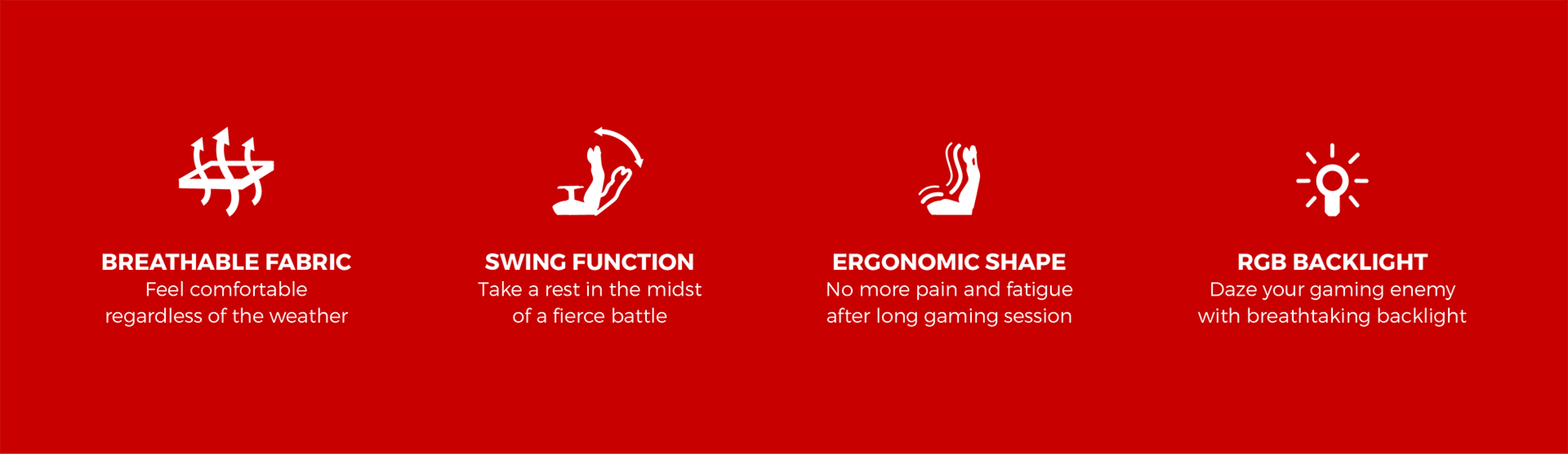 Four icons on a red background representing various product features.