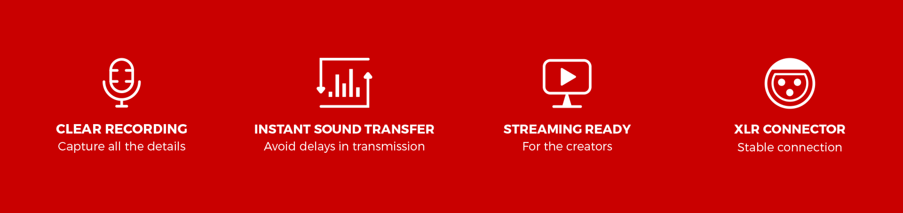 Graphic highlighting features of the Genesis Radium 300 microphone: clear recording, instant sound transfer, streaming readiness, and XLR connector