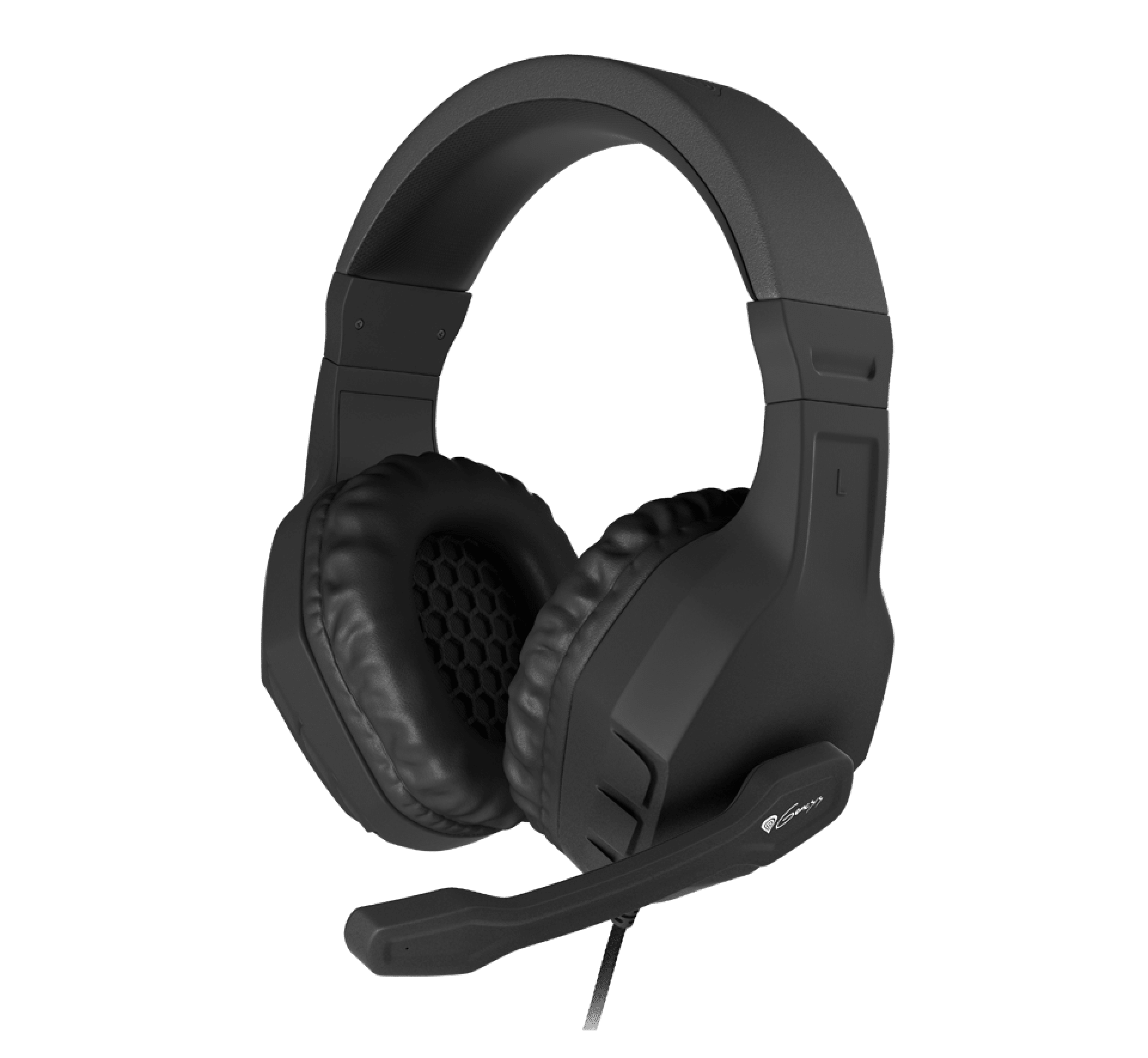 Black Genesis Argon 200 over-ear headphones with a built-in microphone, featuring cushioned ear cups and a flexible mic arm