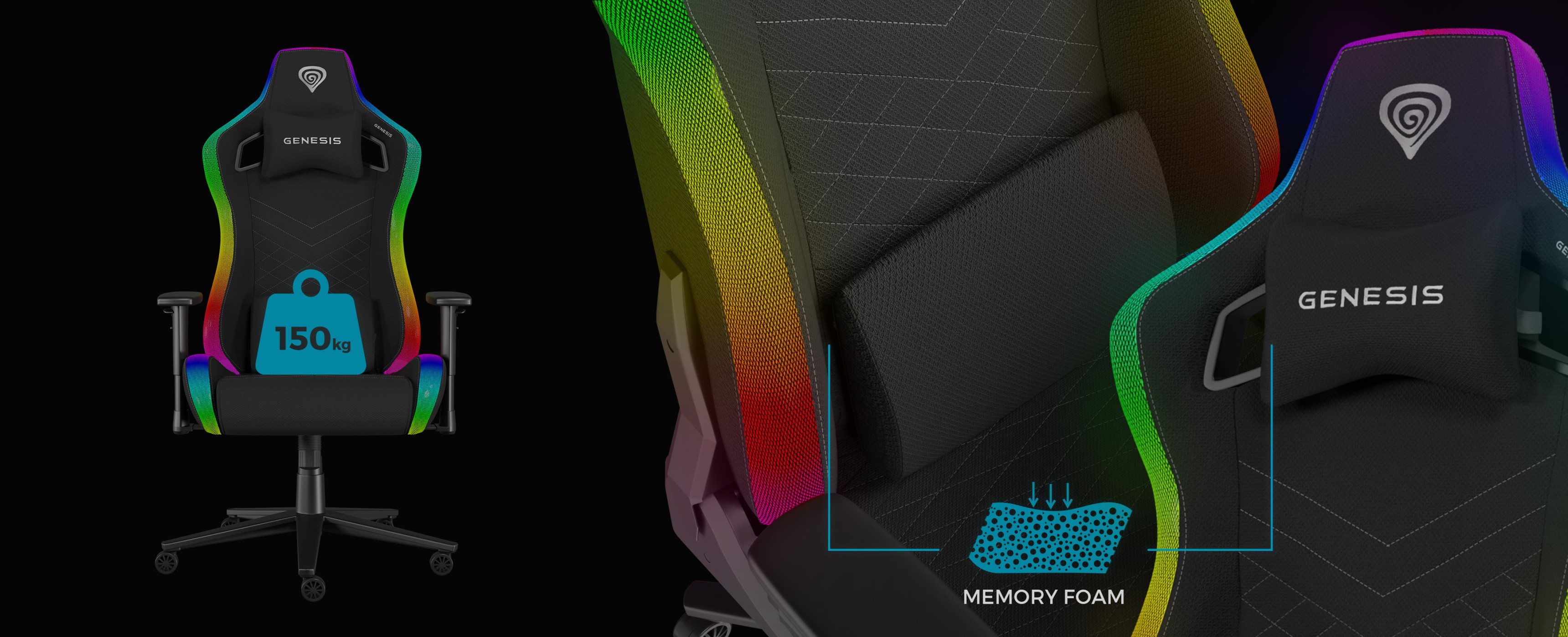 Black gaming chair with RGB lighting features, memory foam support, and a weight capacity of 150 kg