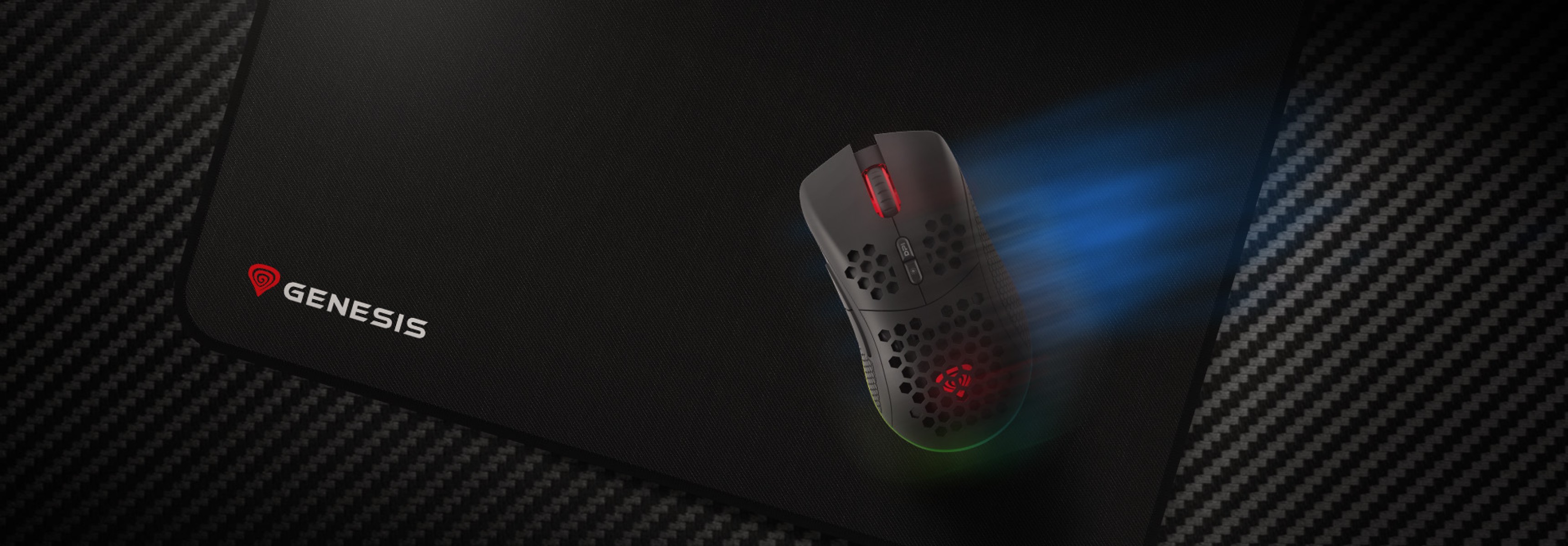 Black Genesis Carbon 500 mouse pad, size 300x250mm, featuring a gaming mouse with RGB lighting