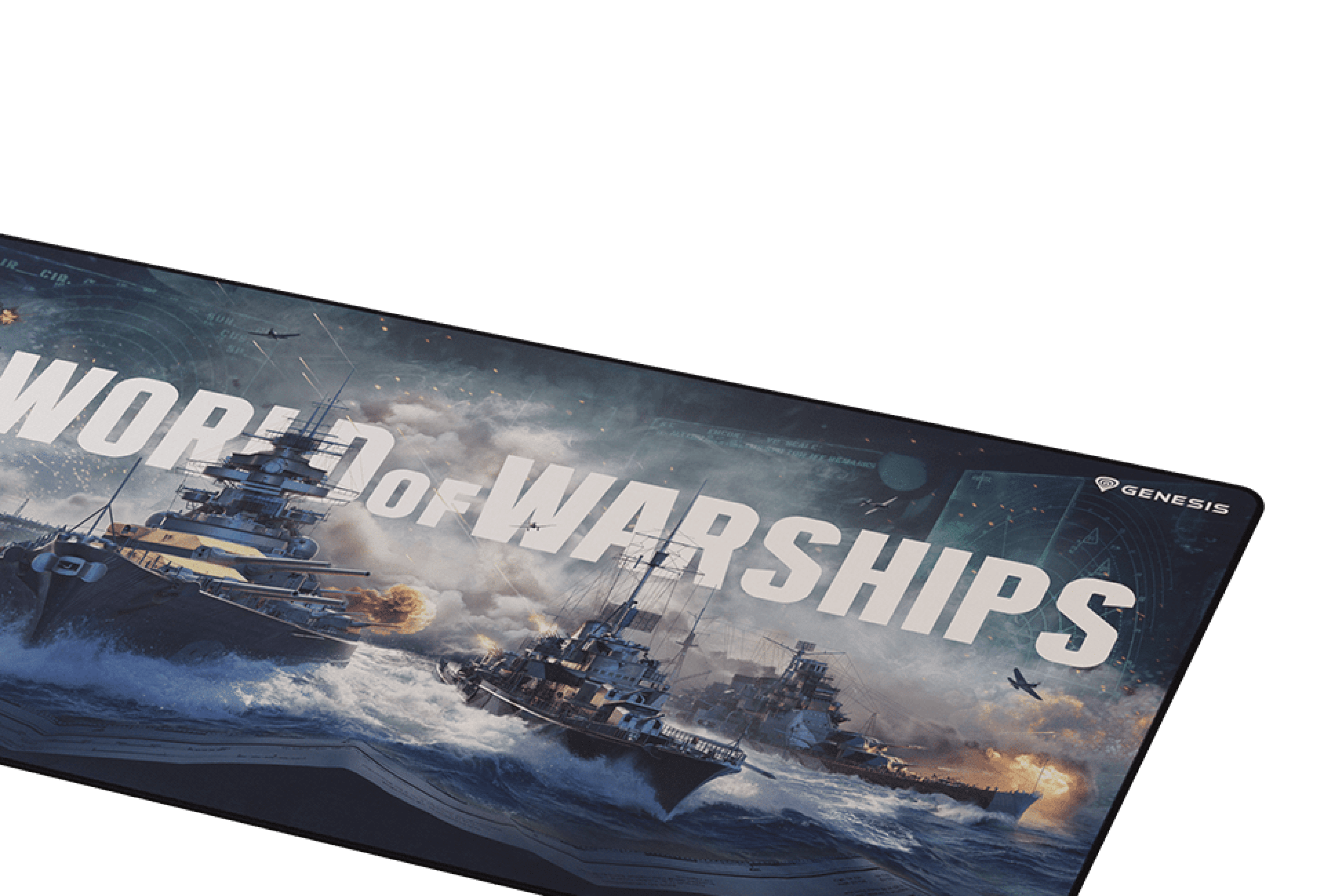 Large gaming mouse pad featuring a "World of Warships" design with battleships and dramatic ocean scene, measuring 900x450mm