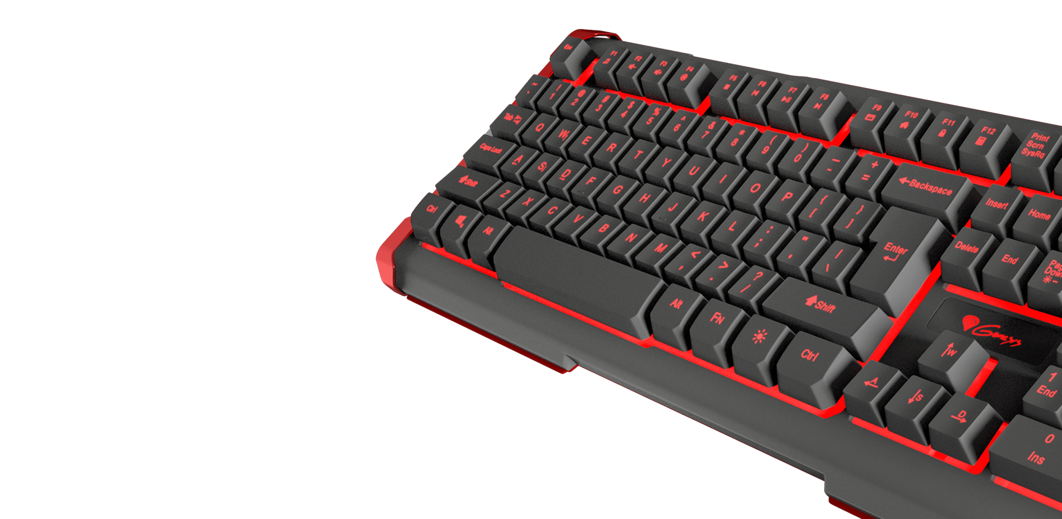 Keyboard with black keys and red accents, showing part of the key layout from an angle.