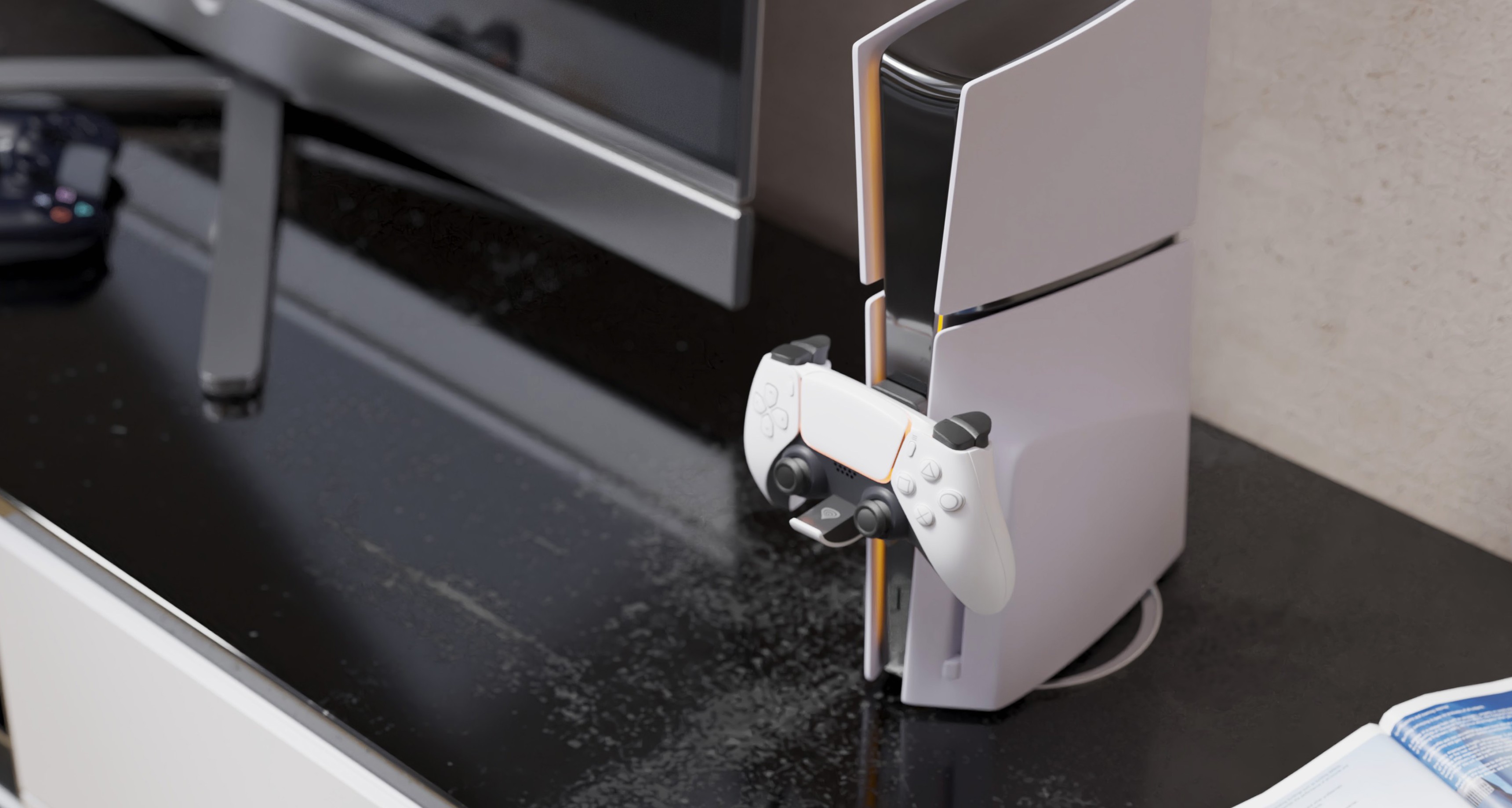 Charger for Genesis TIN 305 controllers, designed for PS5 Slim, positioned beside a television on a dark surface