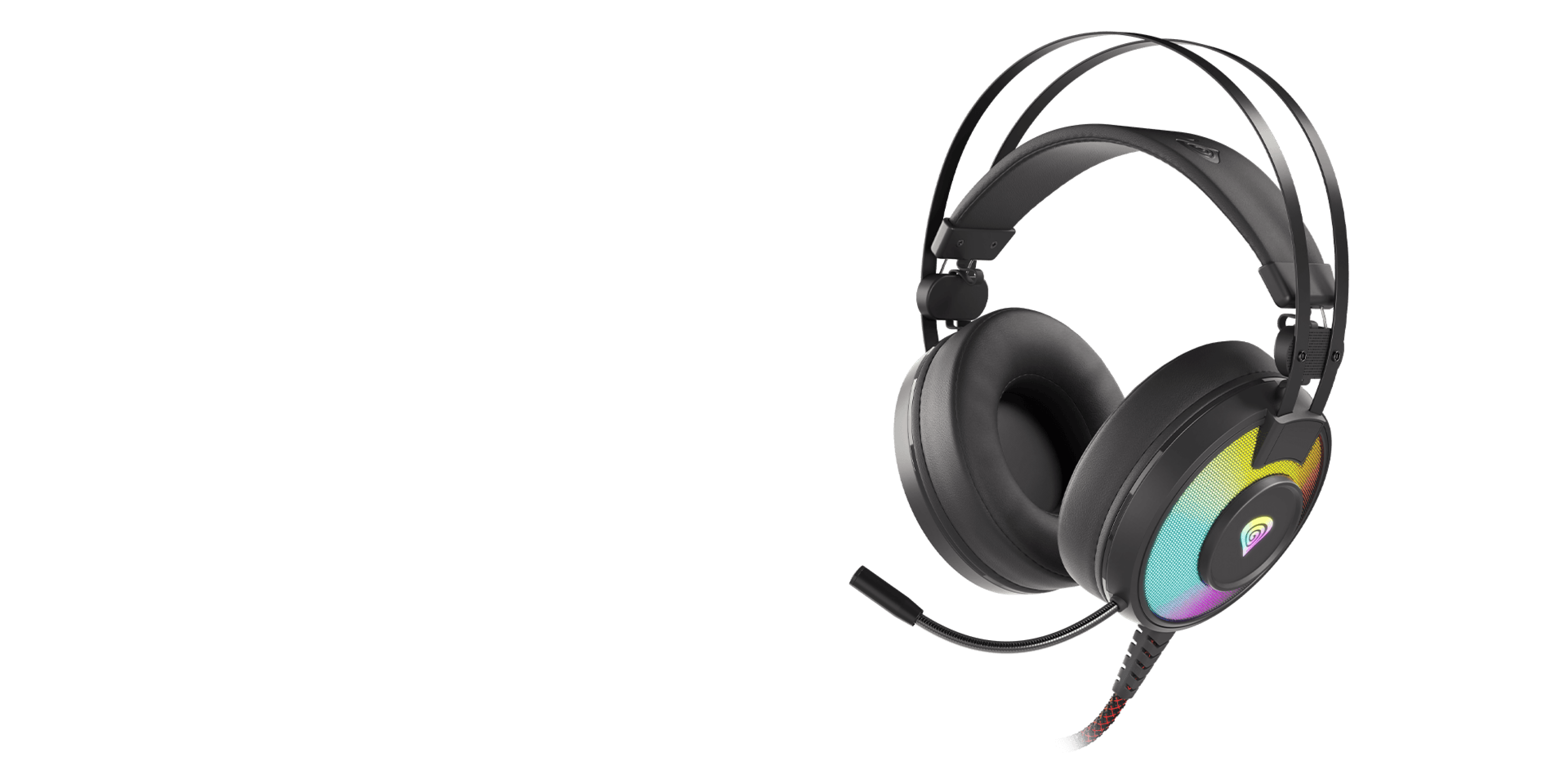 Headphones with a microphone, featuring a colorful light and adjustable headband.