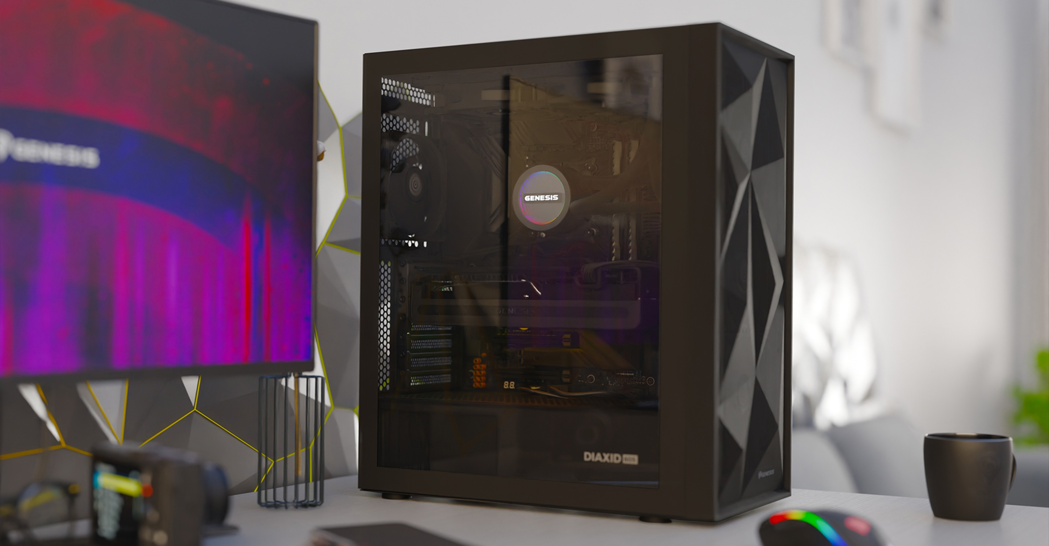 Black midi tower case with a glass side panel and colorful interior lighting