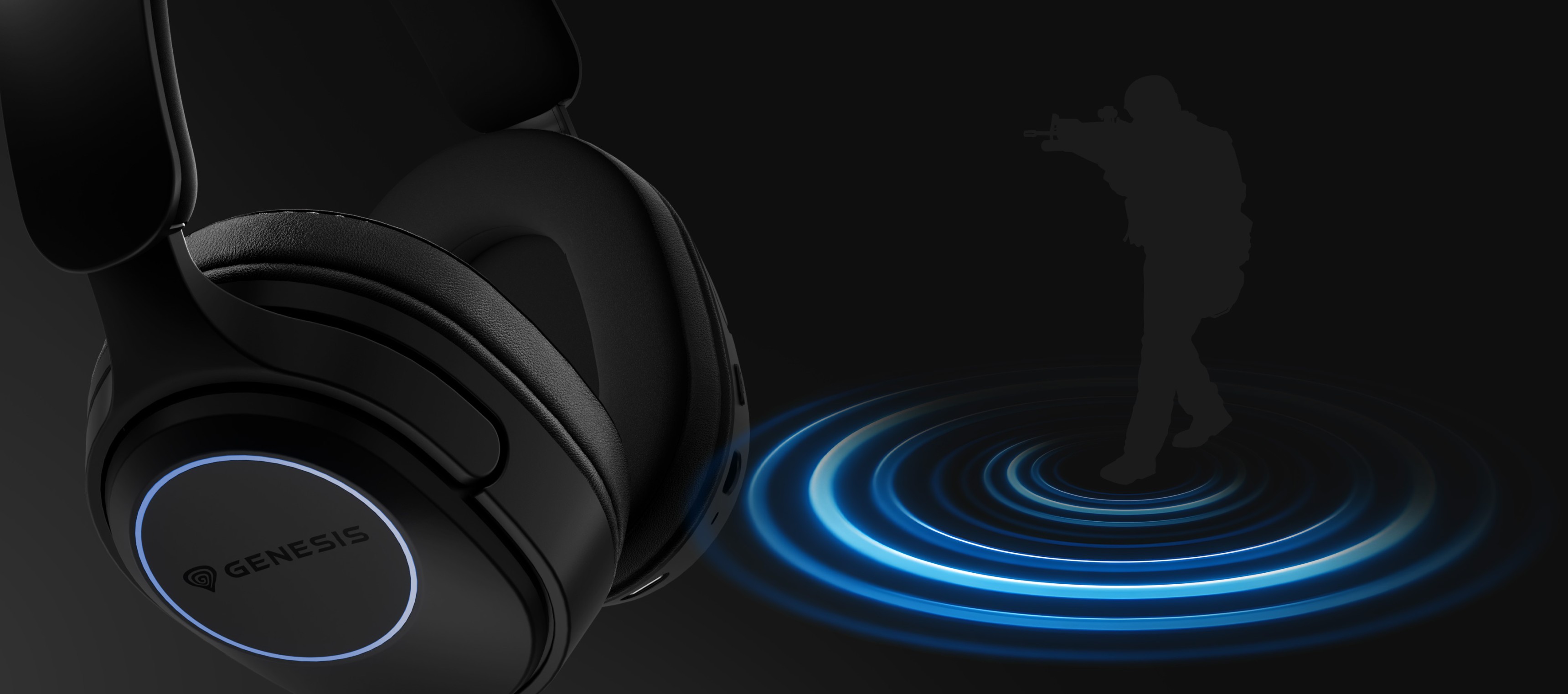 Headphones with a glowing blue ring and a design suggesting surround sound effects.