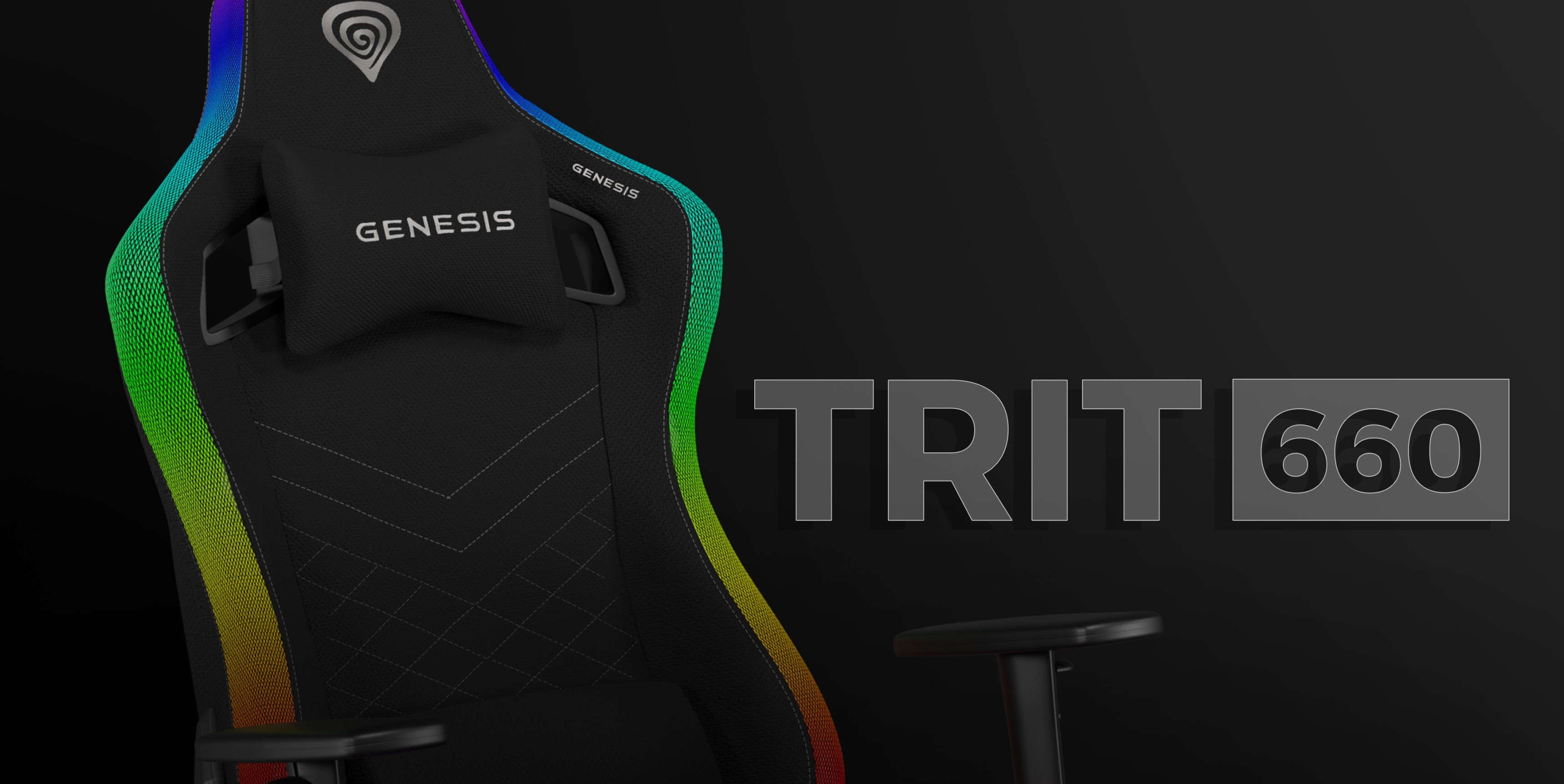 Black gaming chair with RGB lighting, featuring the Genesis logo and model name "TRIT 660" displayed prominently