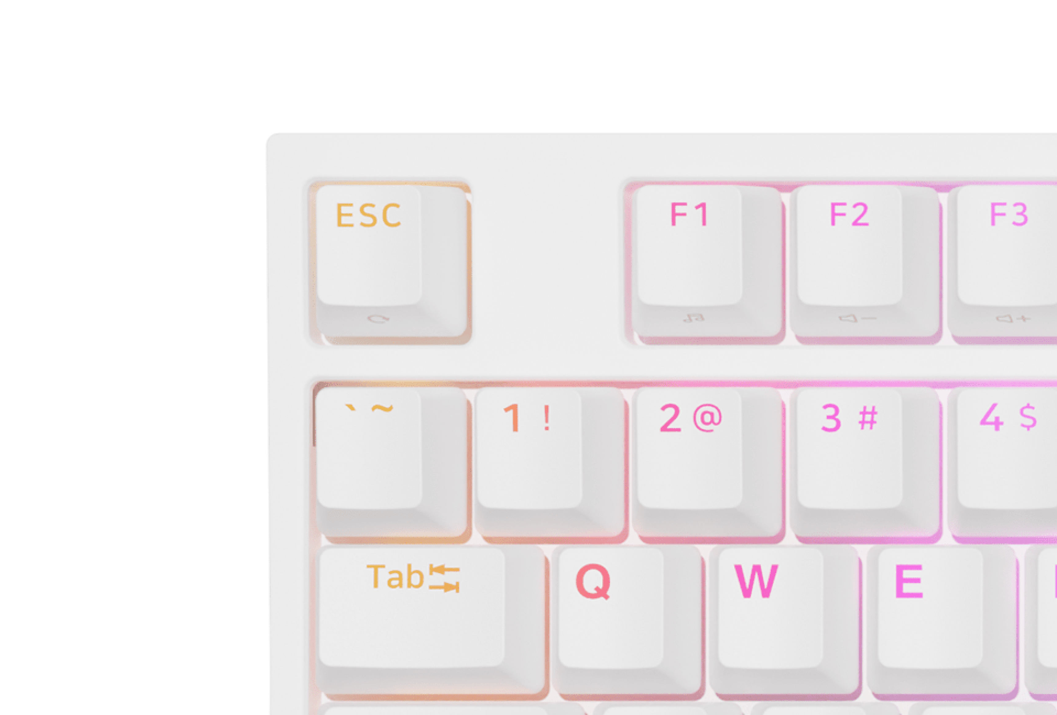 Close-up of a white gaming keyboard featuring RGB backlighting and mechanical keys, with highlighted ESC and Tab keys